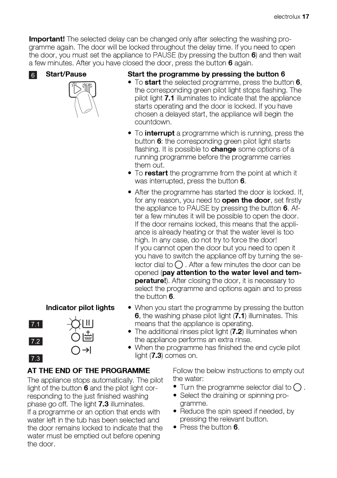 Electrolux EWP 86100 W, EWP 106100 W Start/Pause Start the programme by pressing the button, Indicator pilot lights 