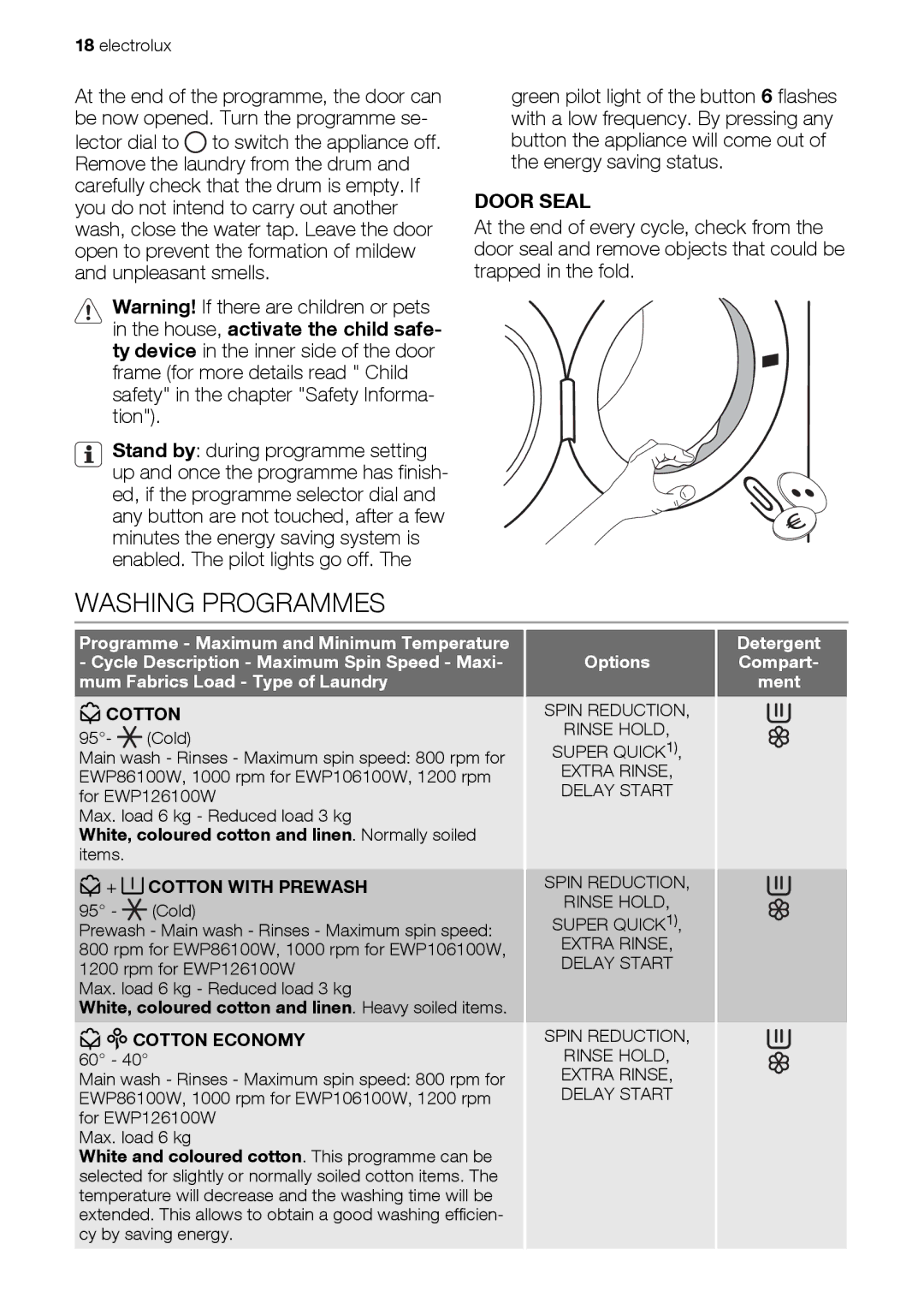 Electrolux EWP 106100 W, EWP 126100 W, EWP 86100 W user manual Washing Programmes, Door Seal 