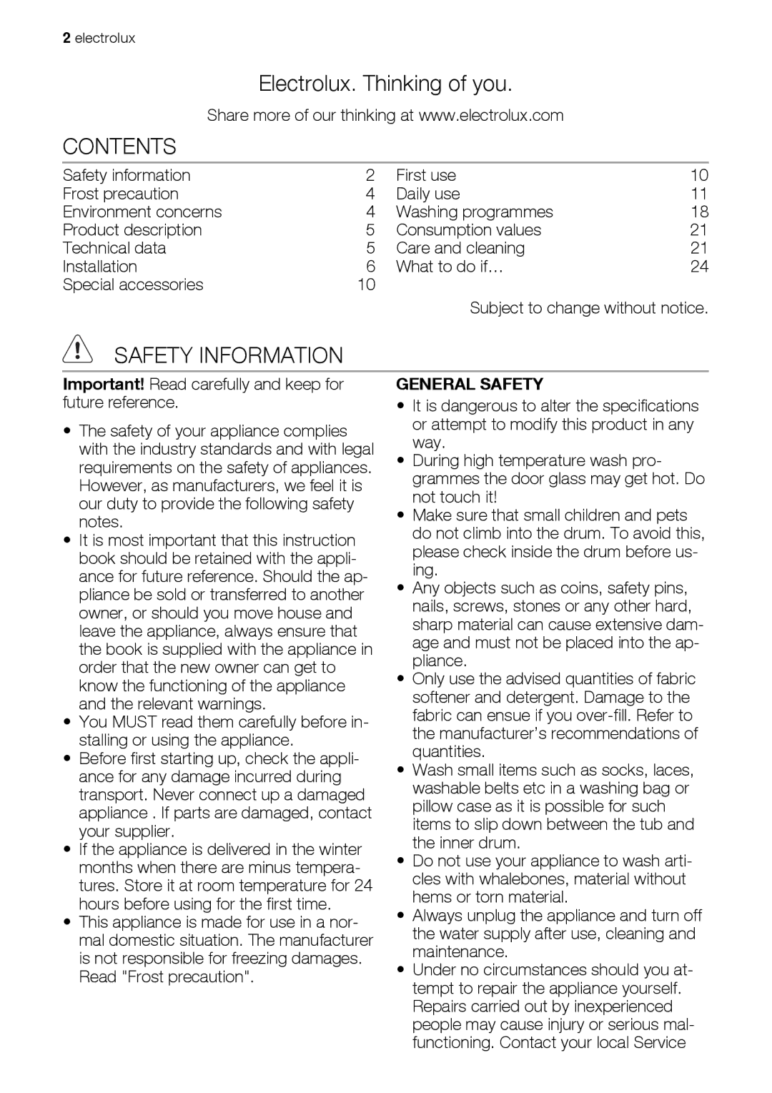 Electrolux EWP 86100 W, EWP 106100 W, EWP 126100 W user manual Contents, Safety Information 