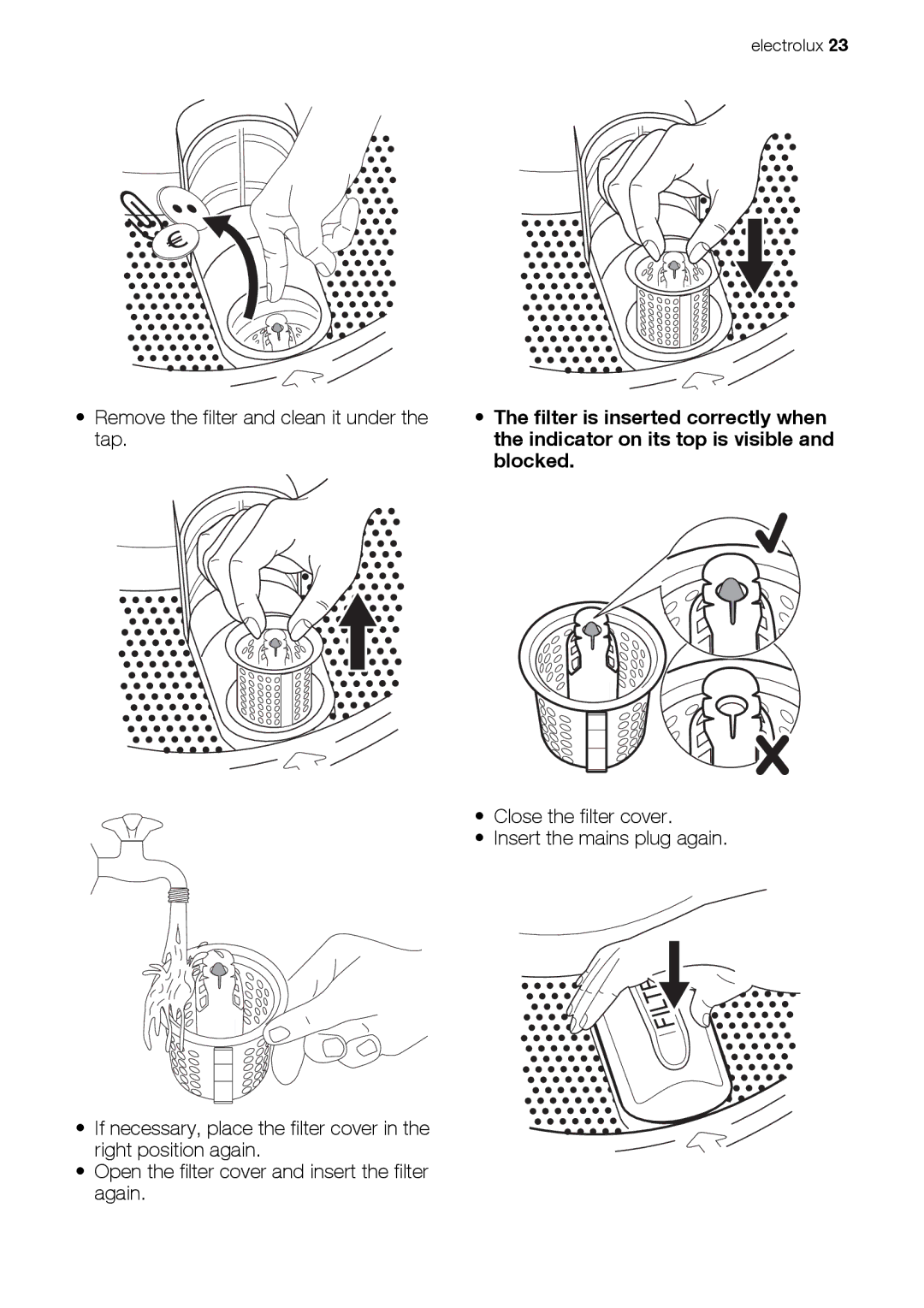 Electrolux EWP 86100 W, EWP 106100 W, EWP 126100 W user manual Remove the filter and clean it under the tap 