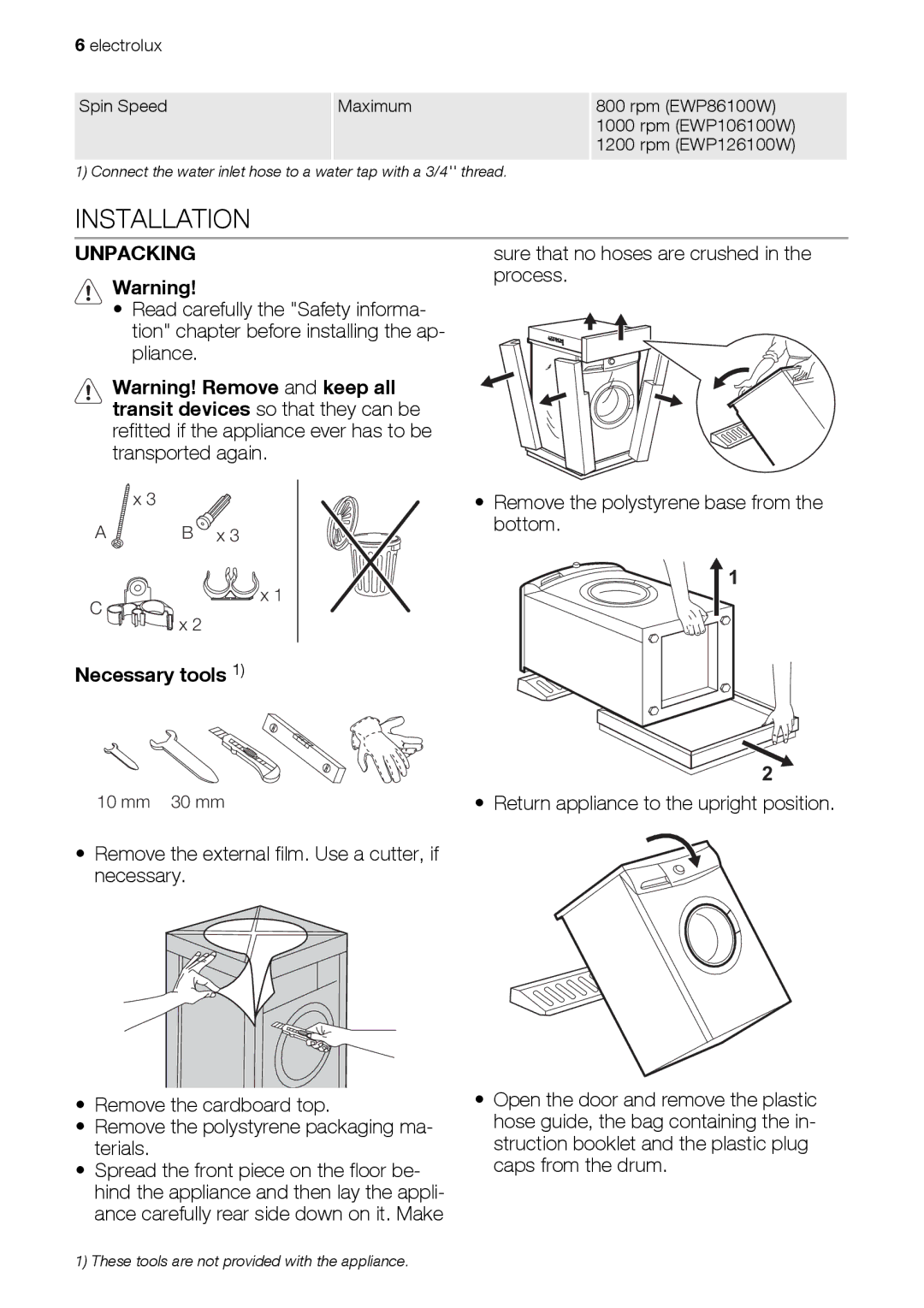 Electrolux EWP 106100 W, EWP 126100 W, EWP 86100 W user manual Installation, Unpacking, Necessary tools 