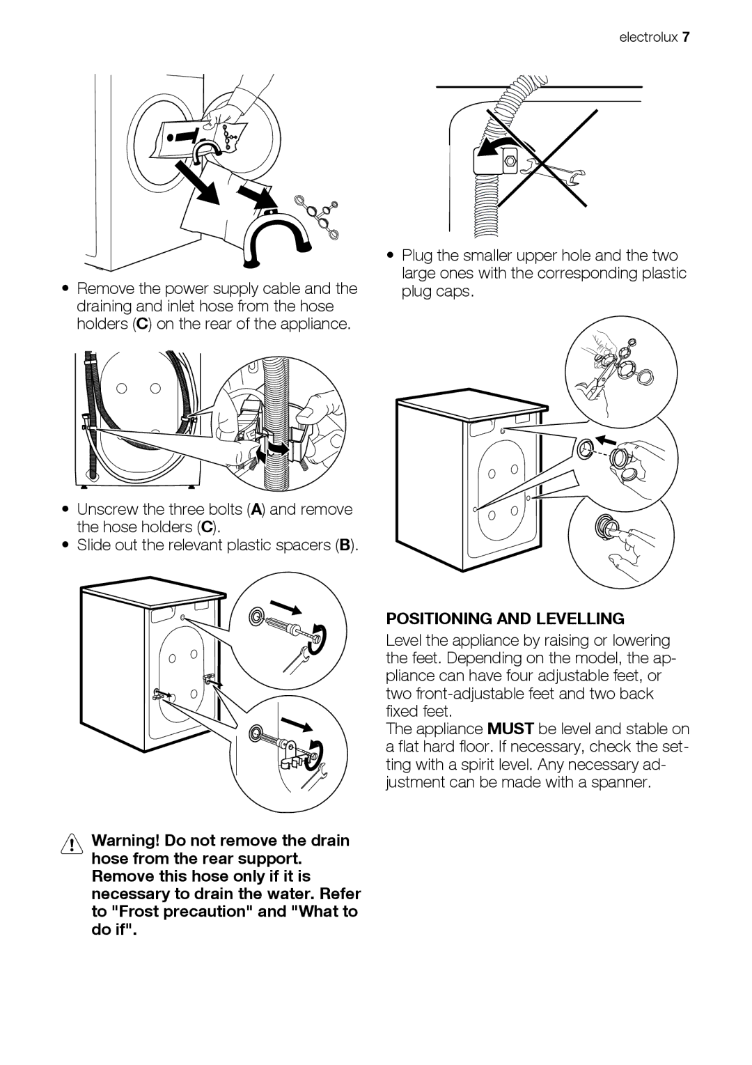 Electrolux EWP 126100 W, EWP 106100 W, EWP 86100 W user manual Positioning and Levelling 