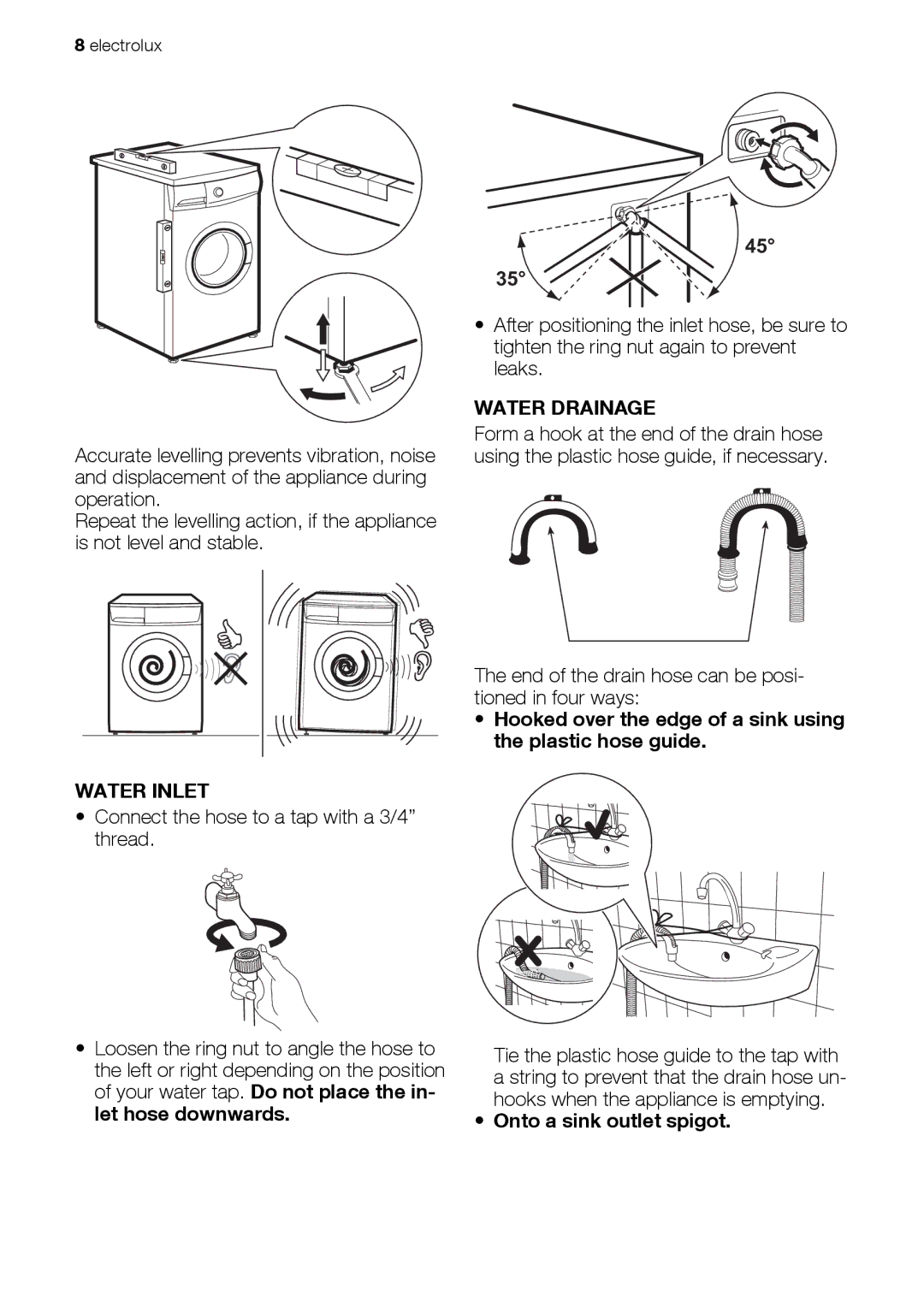 Electrolux EWP 86100 W user manual Water Inlet, Water Drainage, Hooked over the edge of a sink using the plastic hose guide 