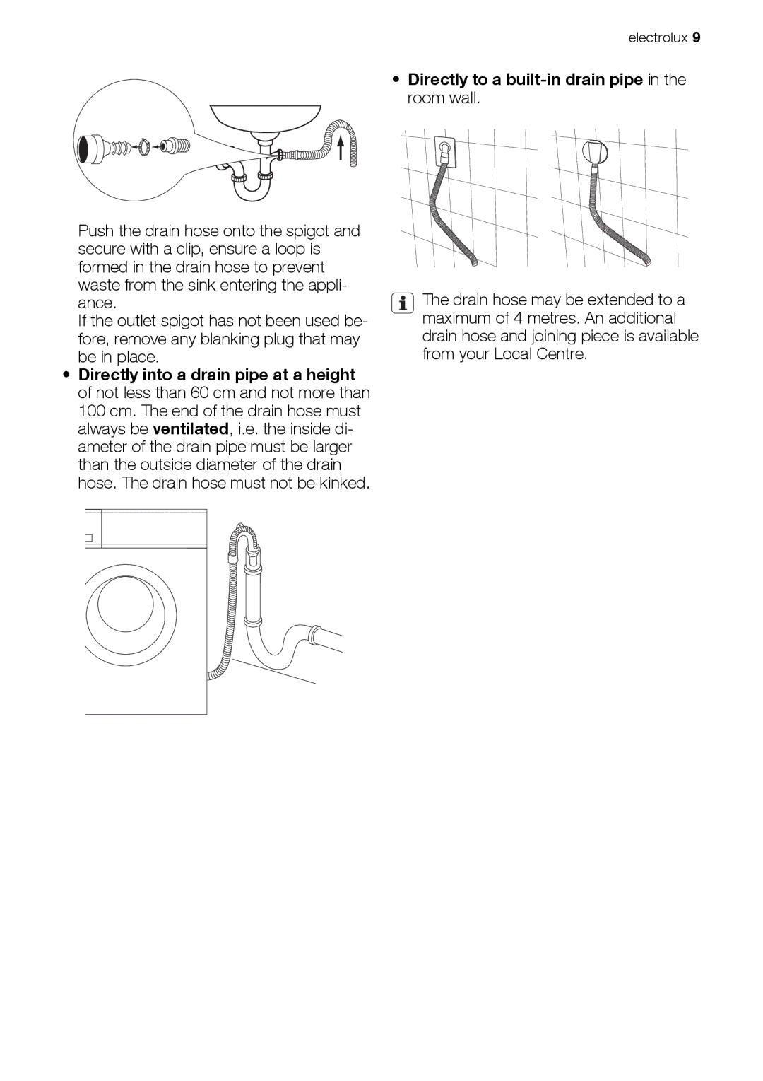 Electrolux EWP 106100 W, EWP 126100 W, EWP 86100 W user manual Directly to a built-in drain pipe in the room wall 