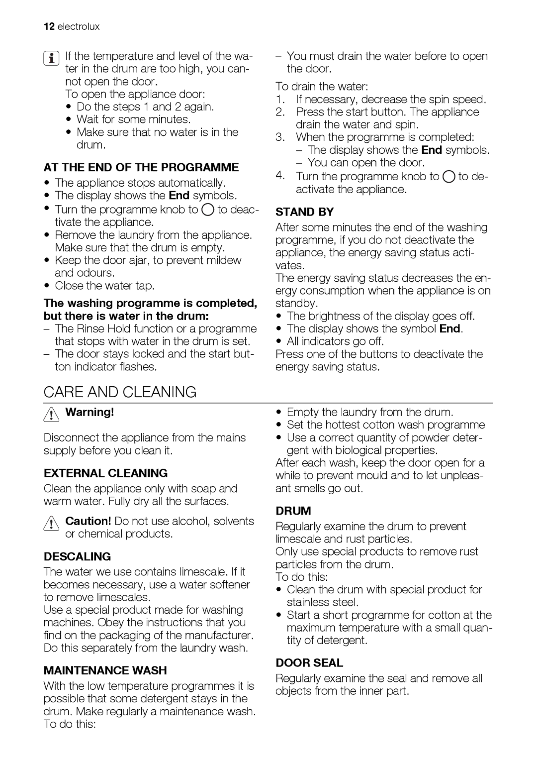 Electrolux EWS 105410 A, EWS 125410 A user manual Care and Cleaning 