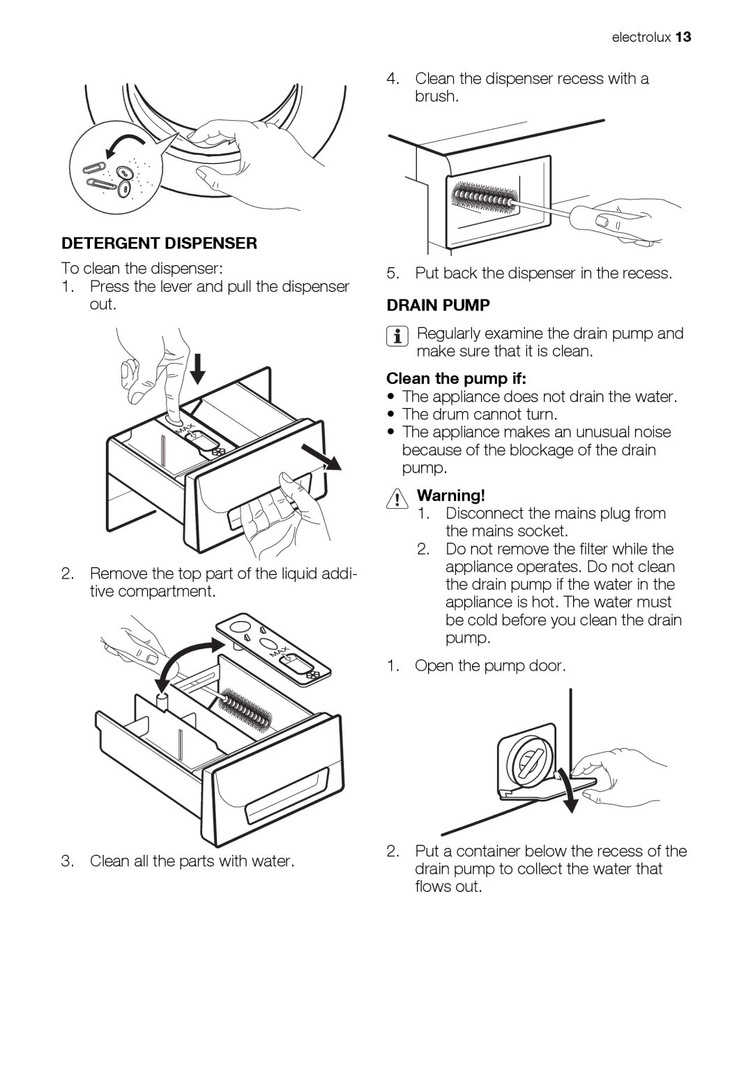 Electrolux EWS 125410 A, EWS 105410 A user manual Detergent Dispenser, Drain Pump, Clean the pump if 