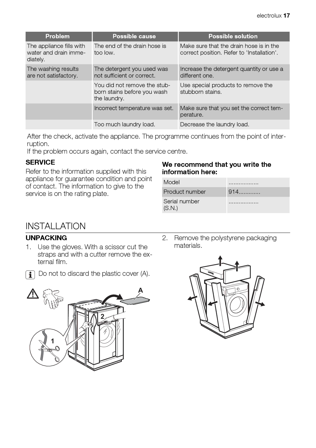 Electrolux EWS 125410 A, EWS 105410 A Installation, Service, We recommend that you write the information here, Unpacking 