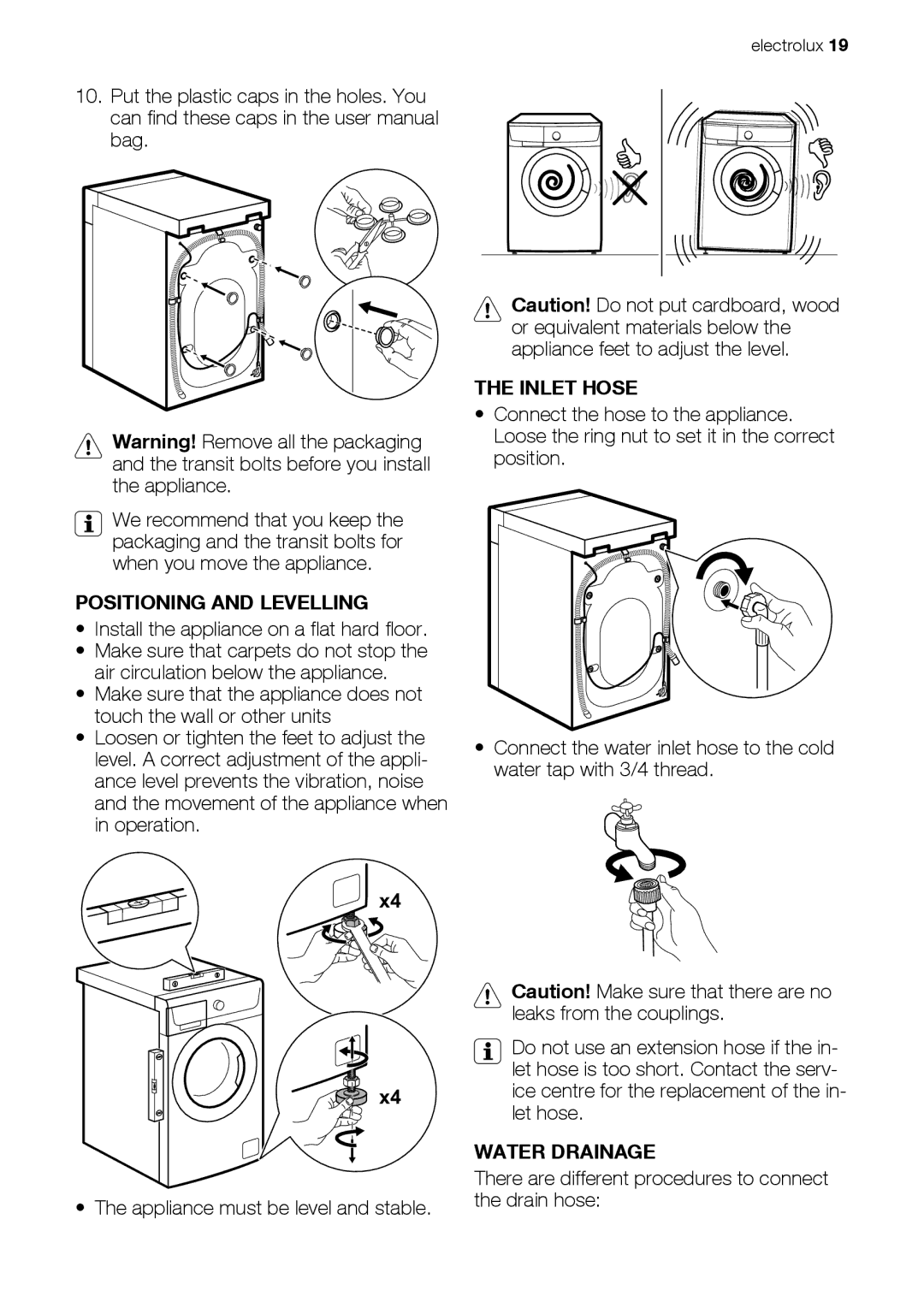 Electrolux EWS 125410 A Positioning and Levelling, Install the appliance on a flat hard floor, Inlet Hose, Water Drainage 