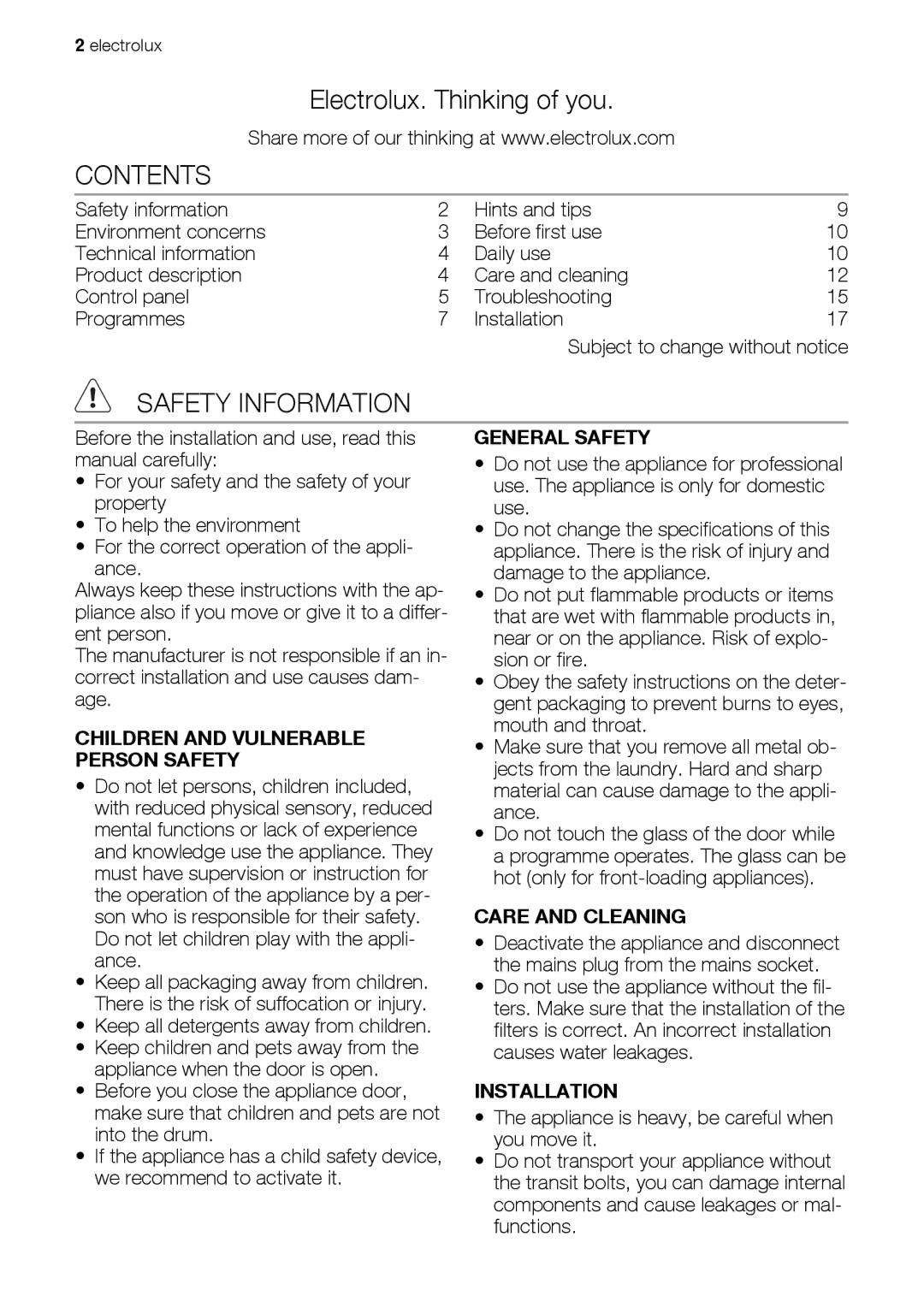 Electrolux EWS 105410 A, EWS 125410 A user manual Contents, Safety Information 