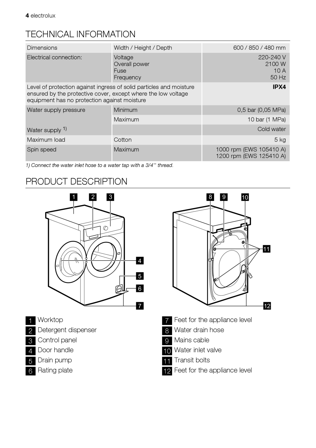 Electrolux EWS 105410 A, EWS 125410 A user manual Technical Information, Product Description 