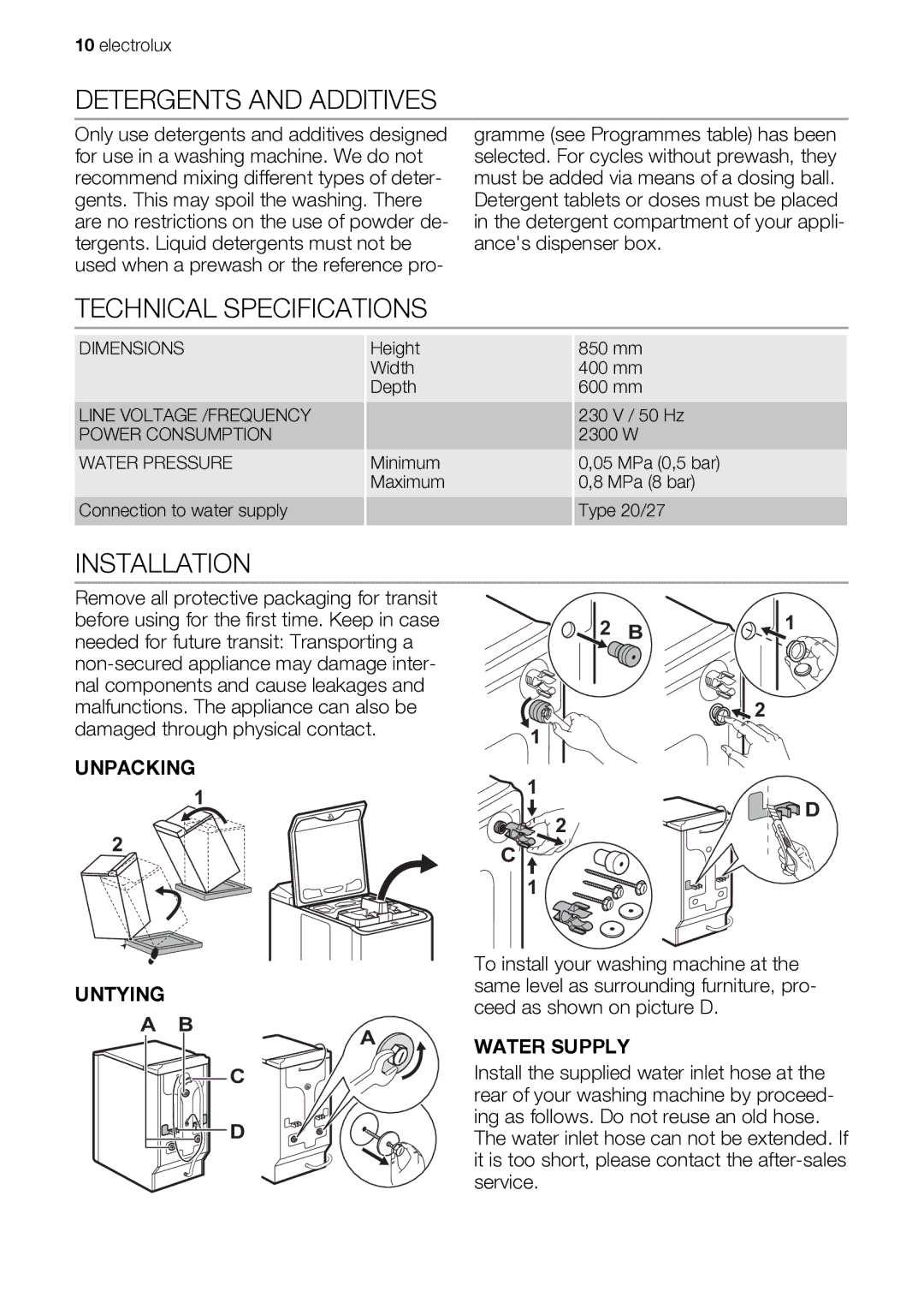 Electrolux EWT 106411 W Detergents and Additives, Technical Specifications, Installation, Unpacking Untying, Water Supply 