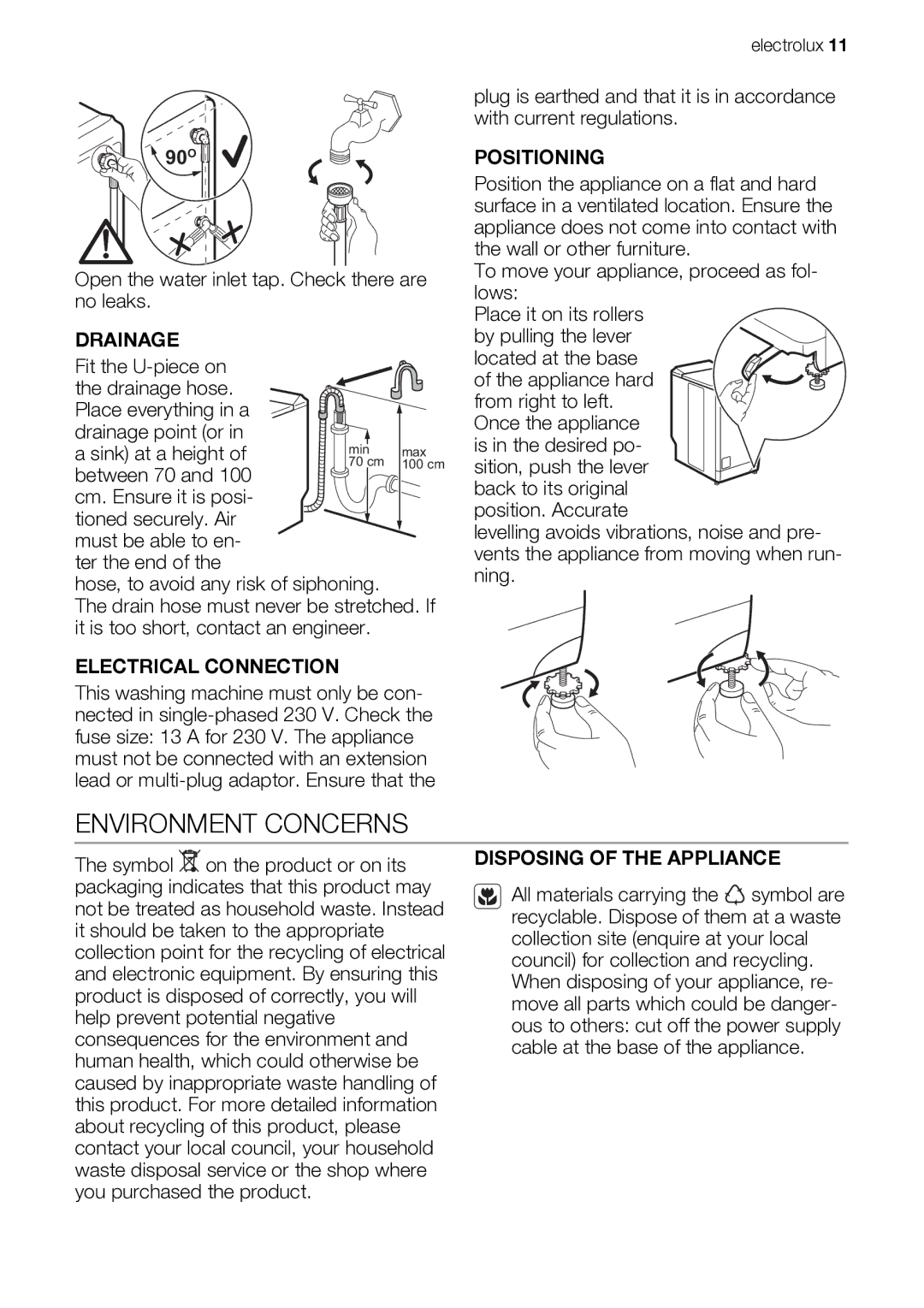 Electrolux EWT 106411 W Environment Concerns, Drainage, Electrical Connection, Positioning, Disposing of the Appliance 