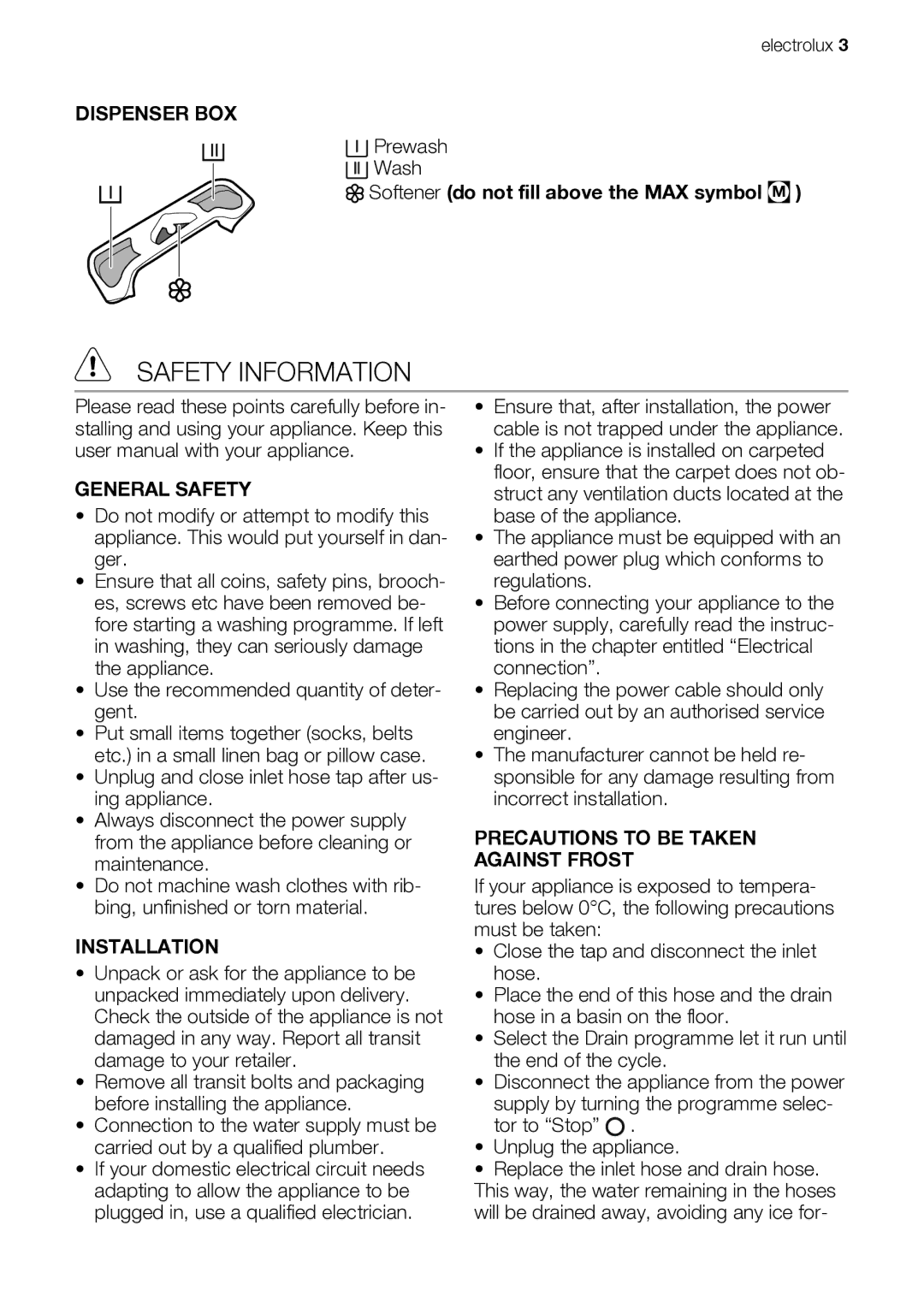 Electrolux EWT 106411 W user manual Safety Information, Dispenser BOX, General Safety, Installation 