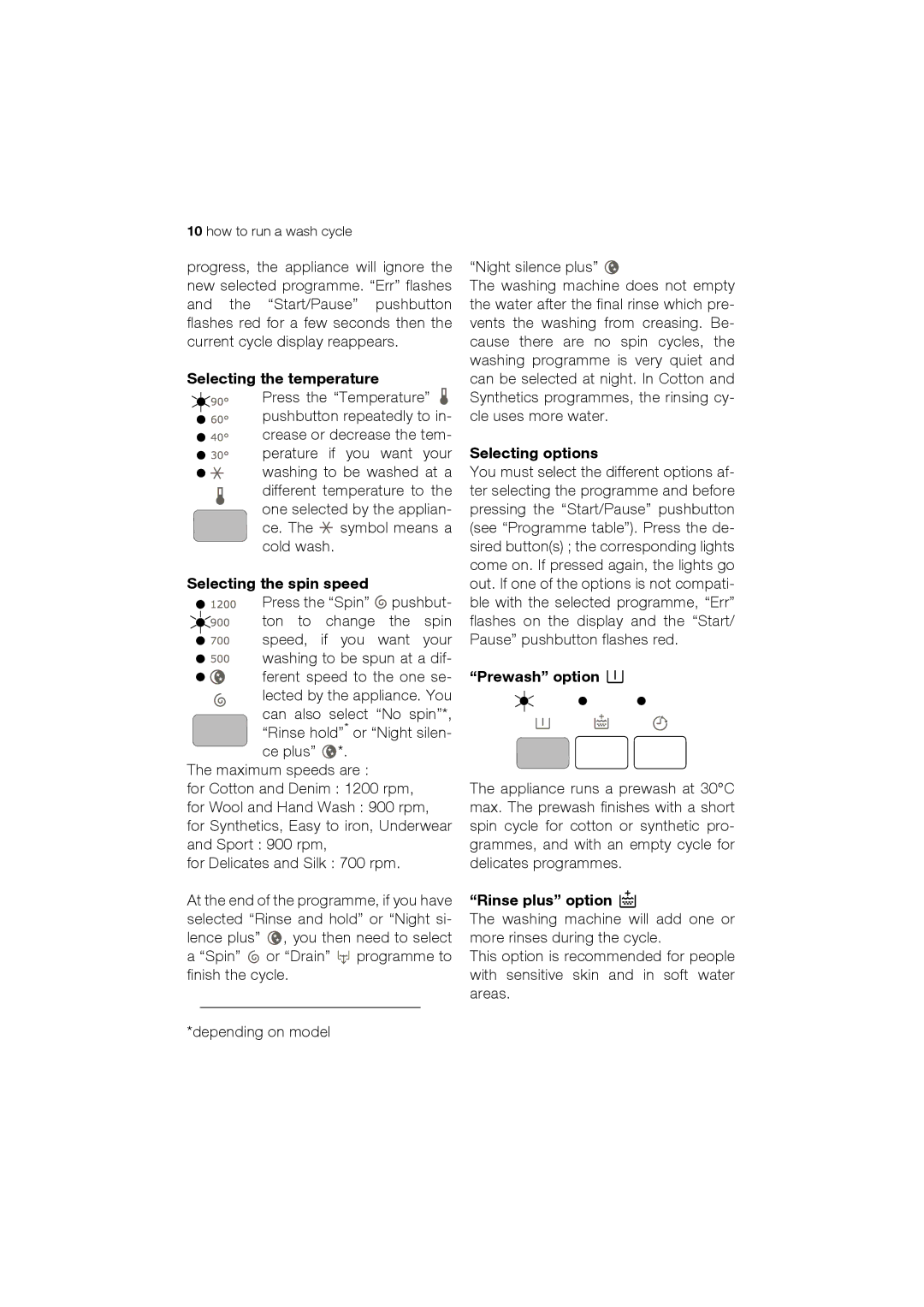 Electrolux EWT 12420 W user manual Selecting the temperature, Selecting the spin speed, Selecting options, Prewash option 