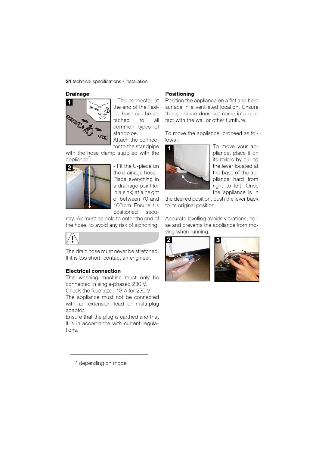 Electrolux EWT 12420 W user manual Drainage, Electrical connection, Positioning 