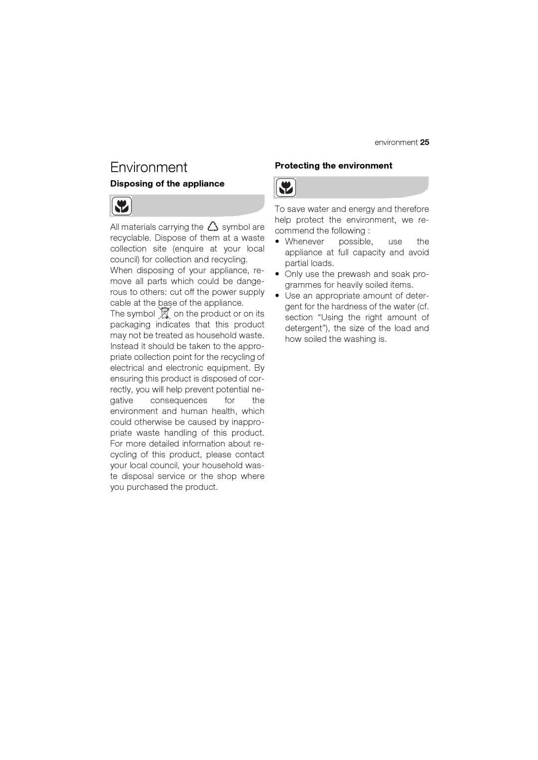 Electrolux EWT 12420 W user manual Environment, Disposing of the appliance, Protecting the environment 