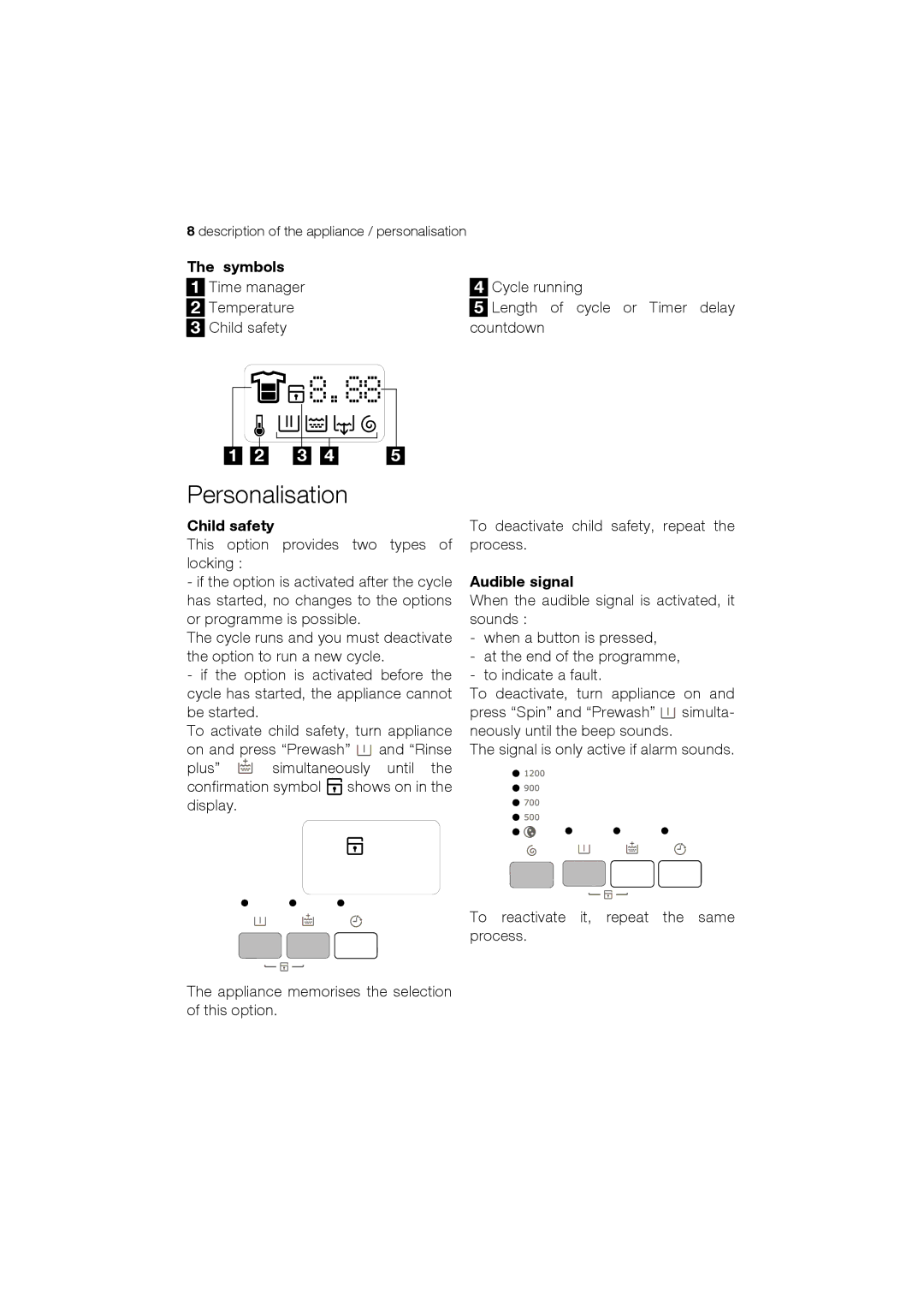 Electrolux EWT 12420 W user manual Personalisation, Symbols, Child safety, Audible signal 