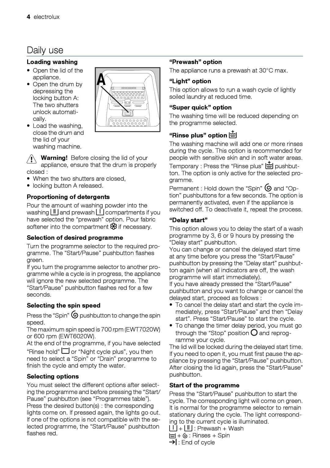 Electrolux EWT 6020 W, EWT 7020 W user manual Daily use 