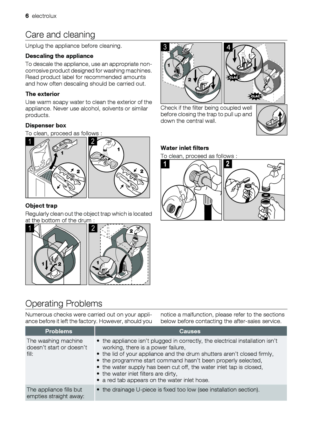 Electrolux EWT 6020 W, EWT 7020 W user manual Care and cleaning, Problems, Causes 