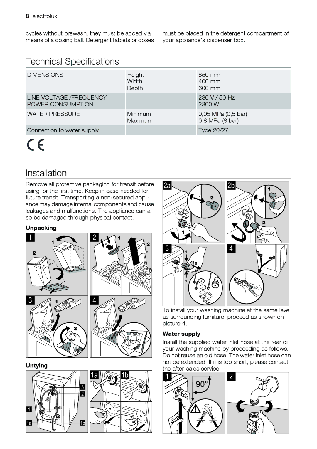 Electrolux EWT 6020 W, EWT 7020 W user manual Technical Specifications, Unpacking, Water supply, Untying 