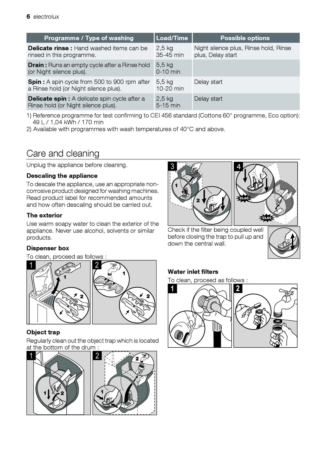 Electrolux EWT 9120 W user manual Care and cleaning, Descaling the appliance, Exterior, Water inlet filters, Object trap 