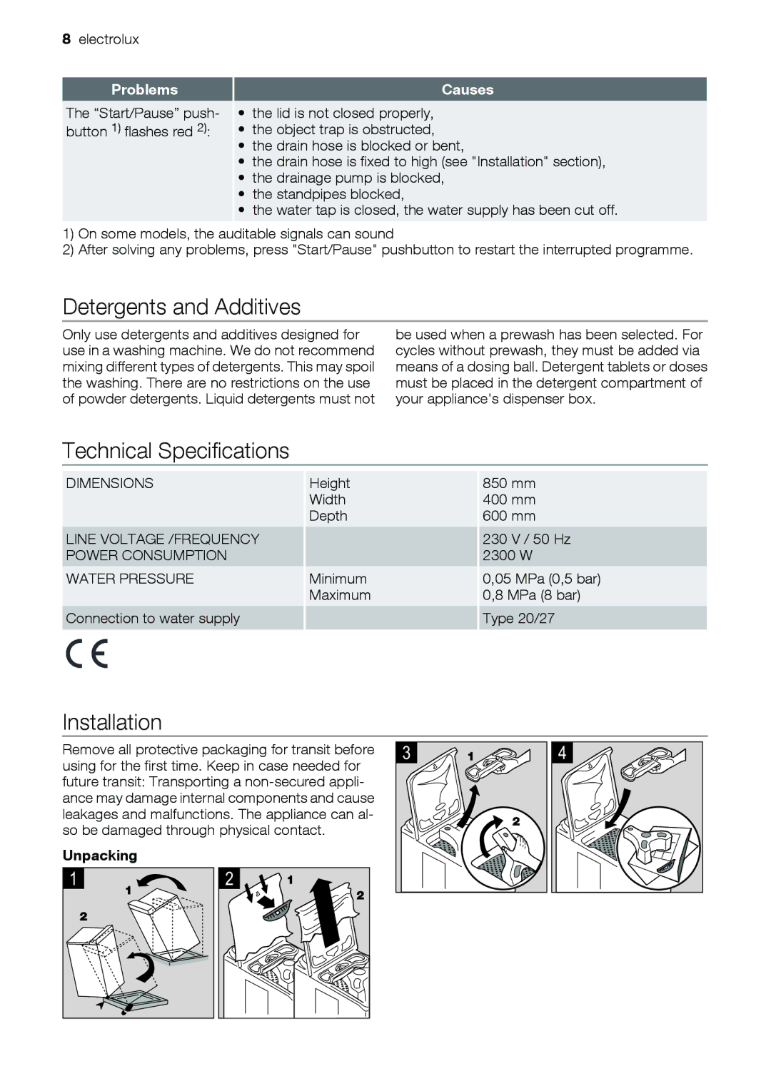 Electrolux EWT 9120 W user manual Detergents and Additives, Technical Specifications, Installation 