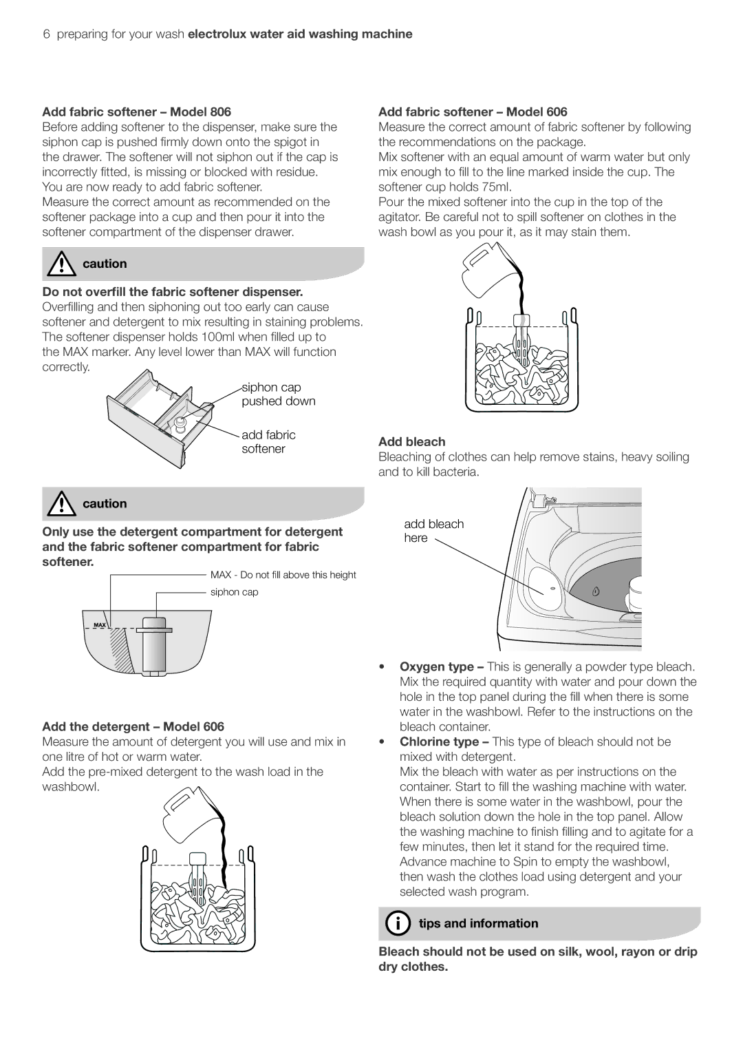 Electrolux EWT606 Add the detergent Model, Add fabric softener Model, Wash bowl as you pour it, as it may stain them 