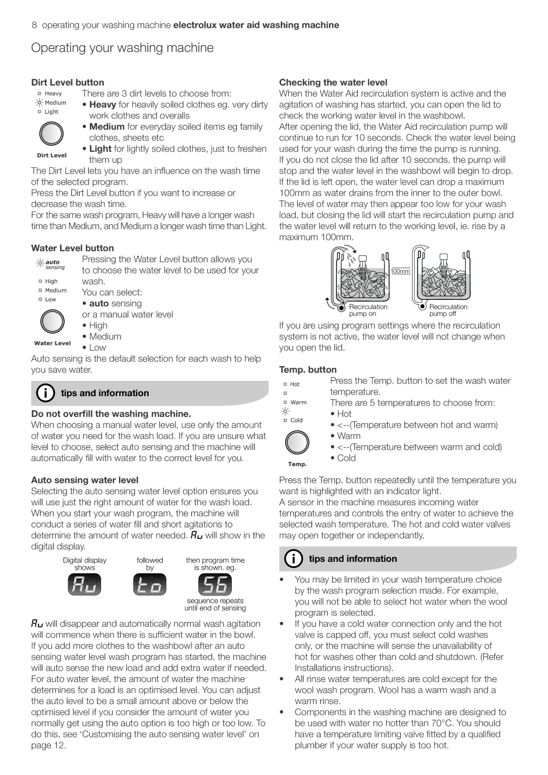 Electrolux EWT606, EWT806 user manual Dirt Level button, Water Level button, Auto sensing water level, Temp. button 