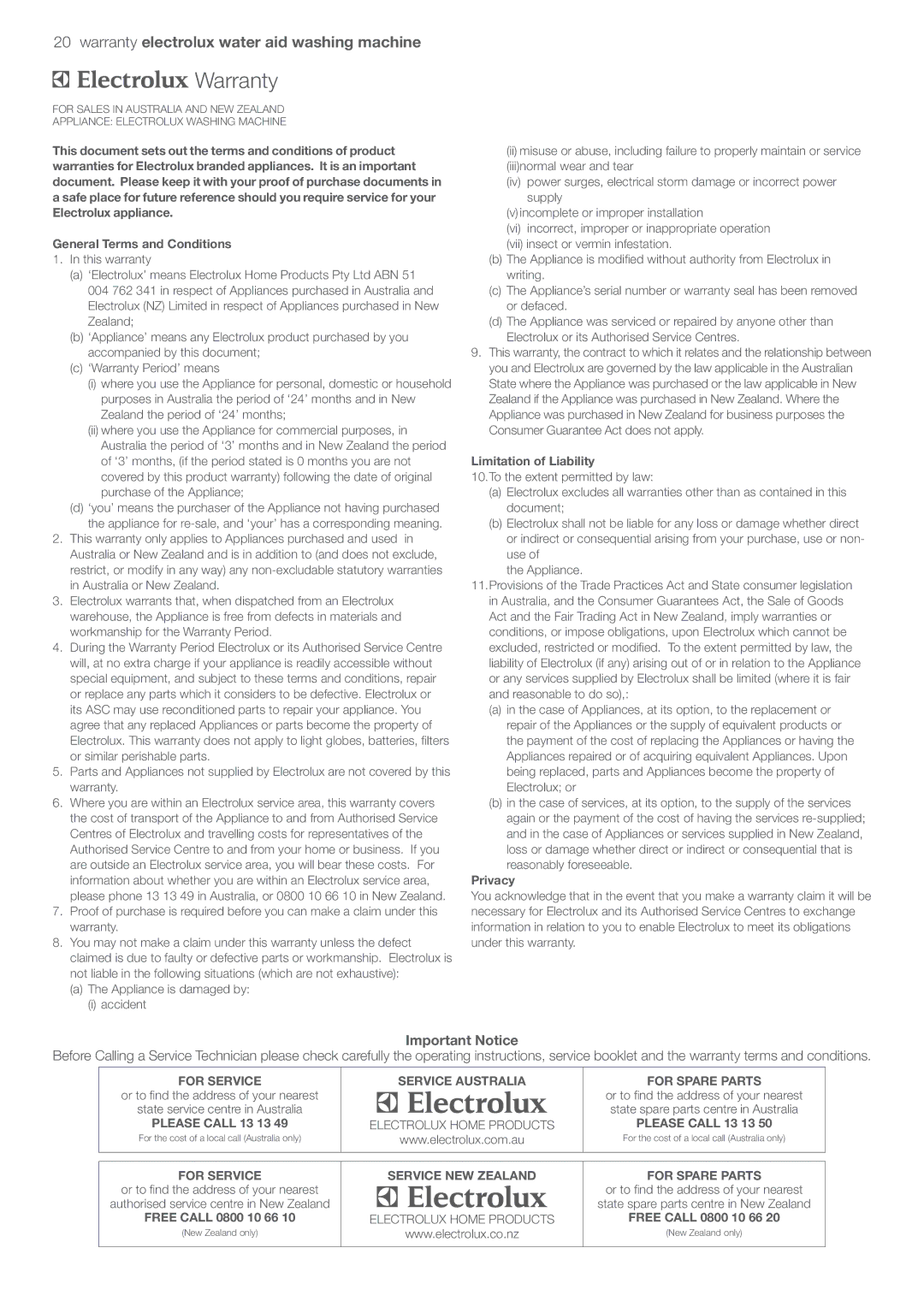 Electrolux EWT606, EWT806 user manual Å7ARRANTY, Warranty electrolux water aid washing machine, Important Notice 