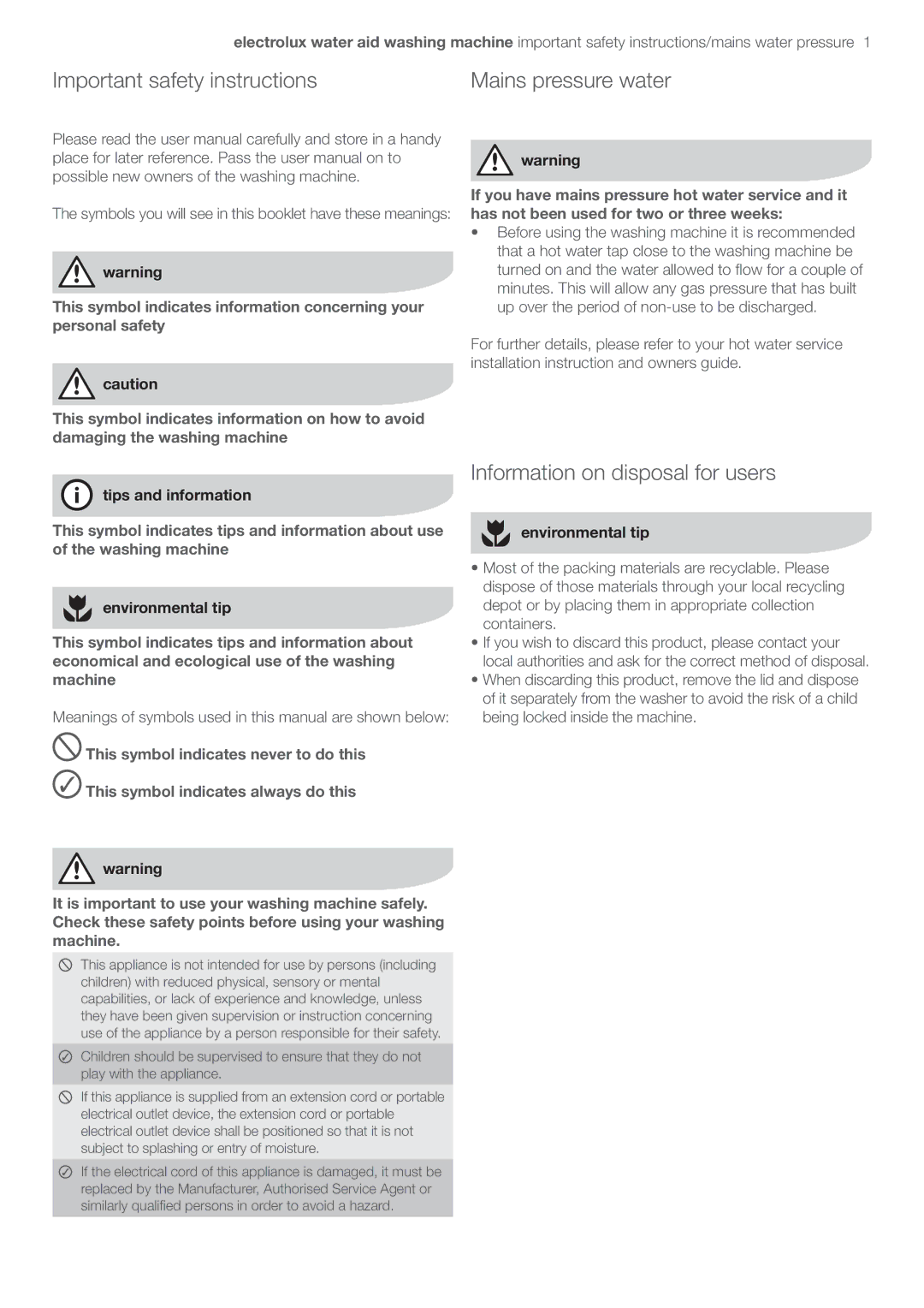 Electrolux EWT806, EWT606 user manual Important safety instructions, Information on disposal for users 