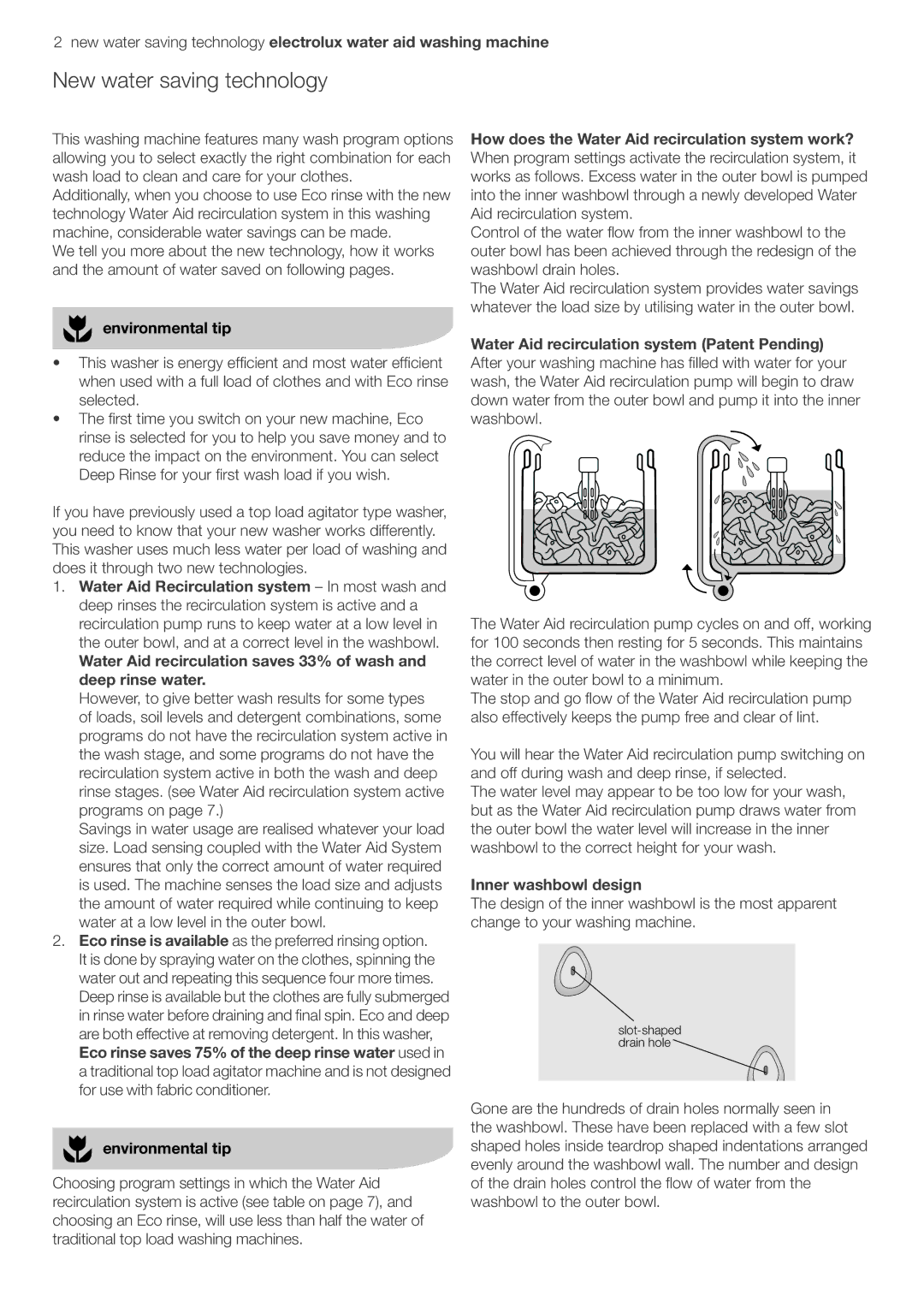 Electrolux EWT606 New water saving technology, Water Aid recirculation system Patent Pending, Inner washbowl design 