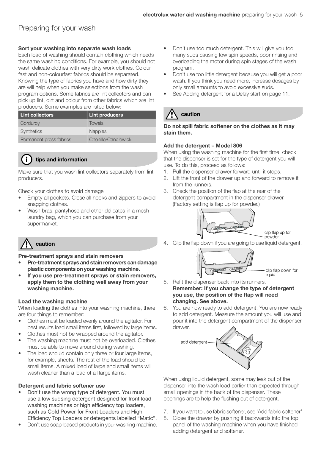 Electrolux EWT806 Preparing for your wash, Sort your washing into separate wash loads, Detergent and fabric softener use 