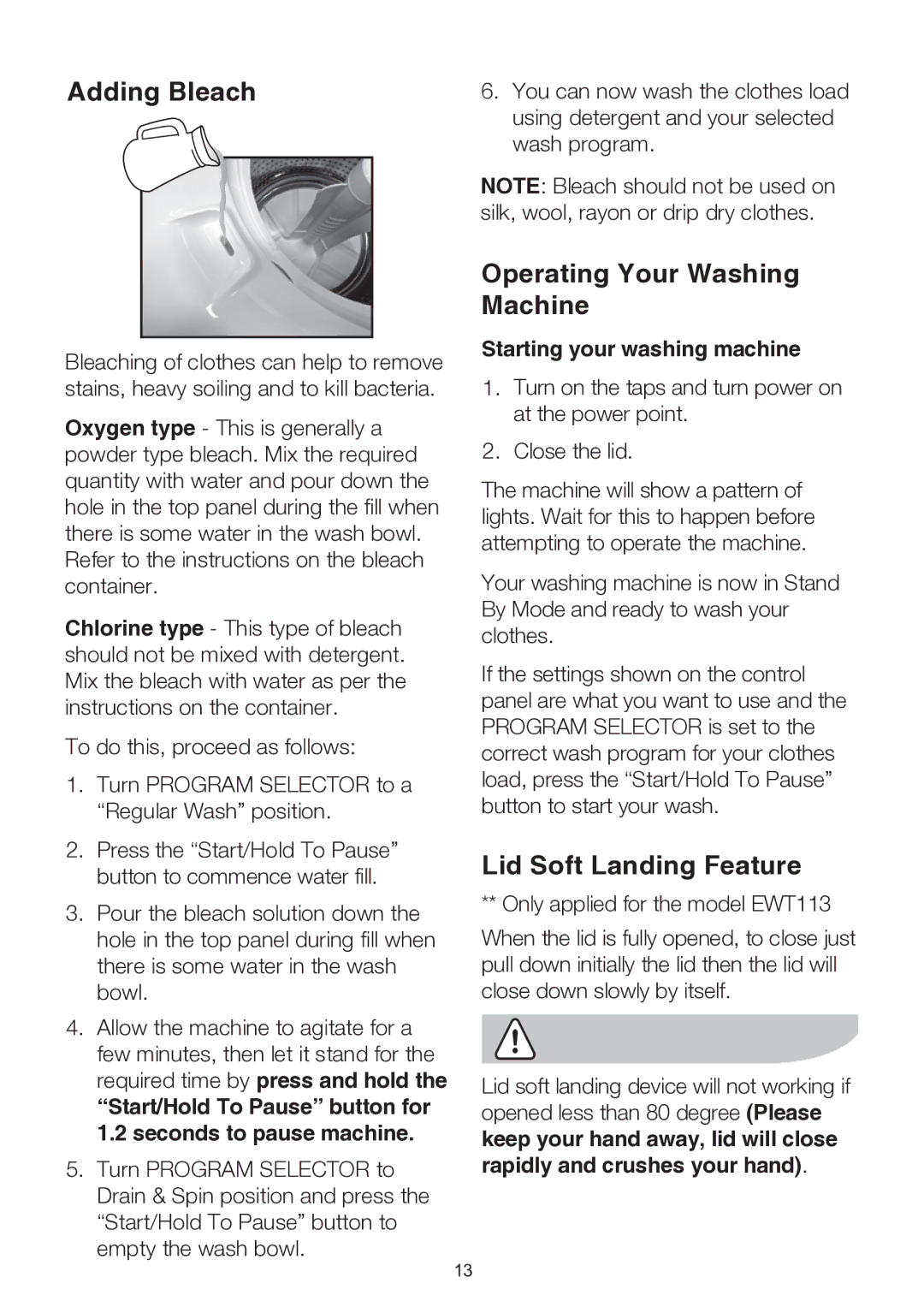 Electrolux EWT113 Adding Bleach, Operating Your Washing Machine, Lid Soft Landing Feature, Starting your washing machine 