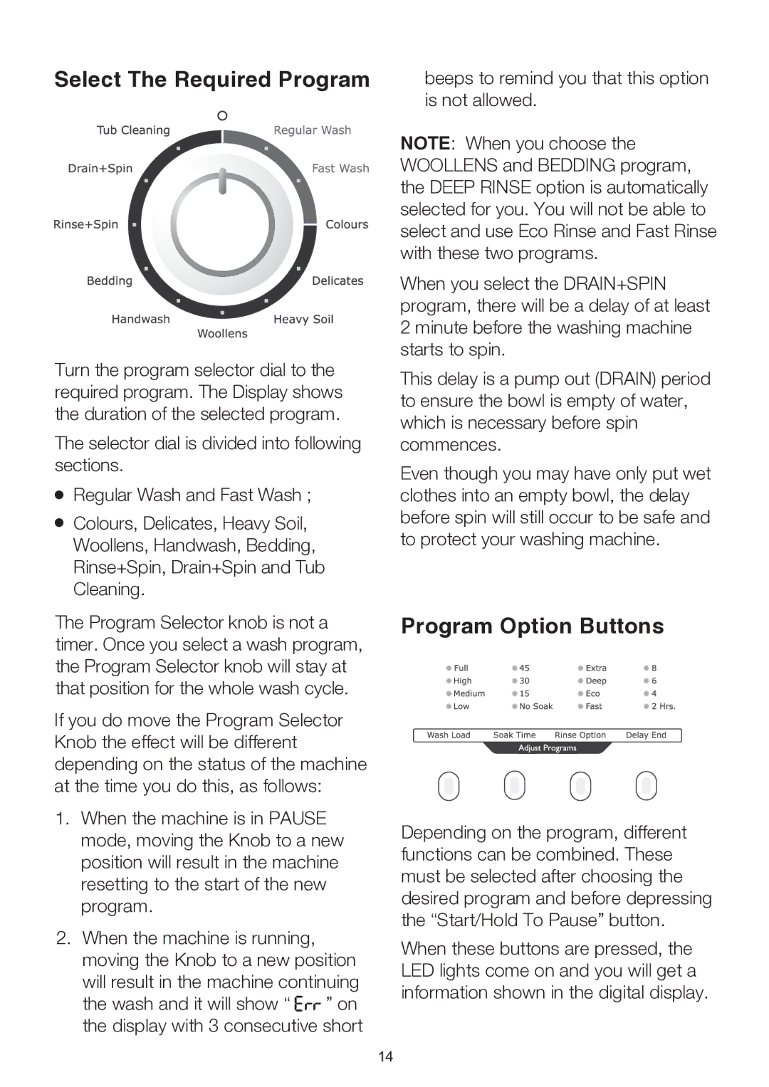 Electrolux EWT704, EWT904, EWT113 user manual Select The Required Program, Program Option Buttons 