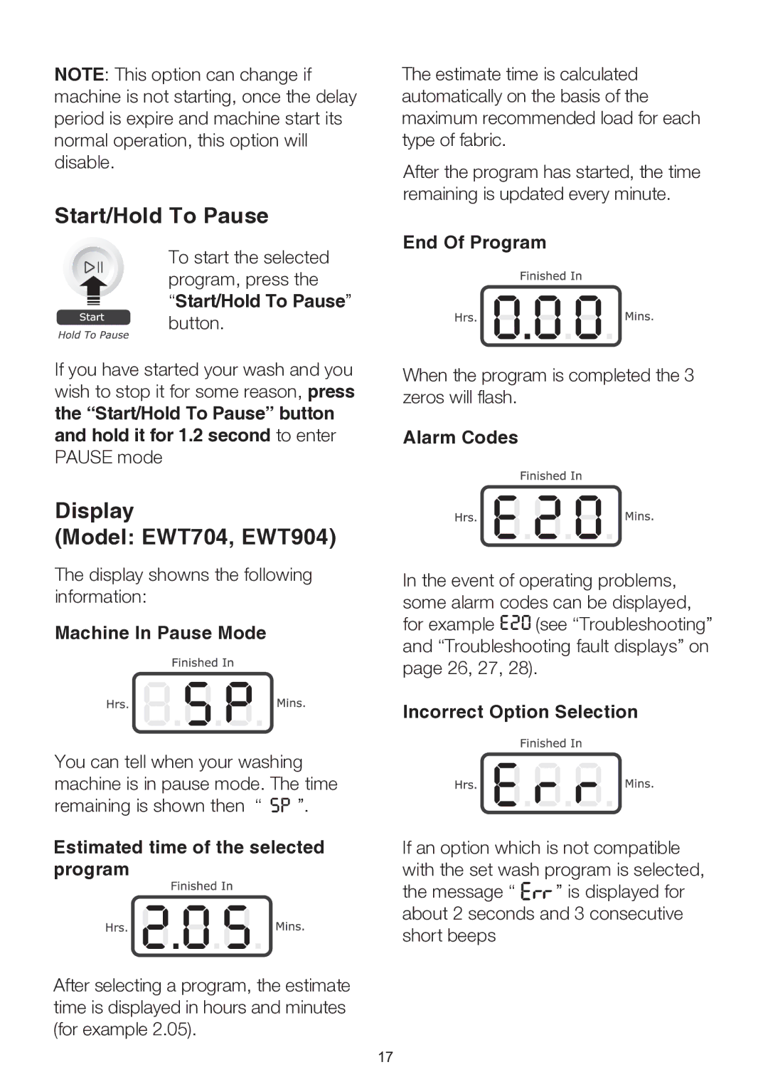 Electrolux EWT113 user manual Start/Hold To Pause, Display Model EWT704, EWT904 