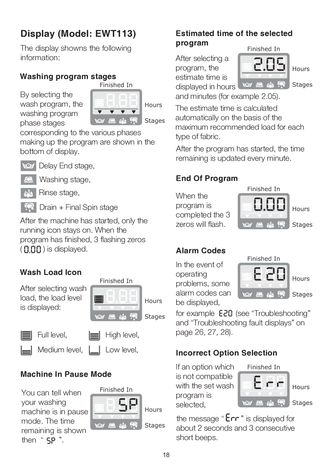 Electrolux EWT904, EWT704 user manual Display Model EWT113, Washing program stages, Wash Load Icon 