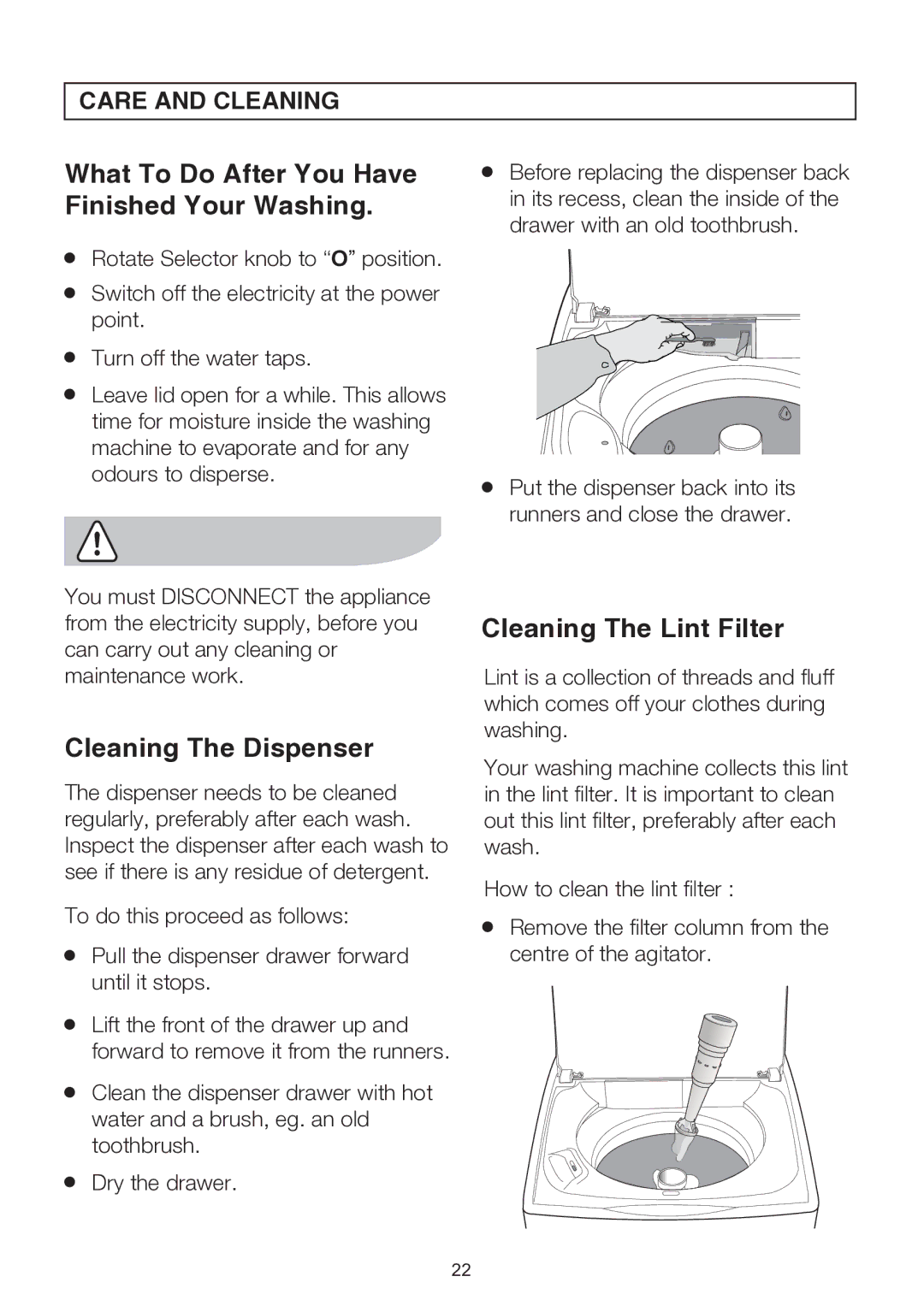 Electrolux EWT113 What To Do After You Have Finished Your Washing, Cleaning The Dispenser, Cleaning The Lint Filter 