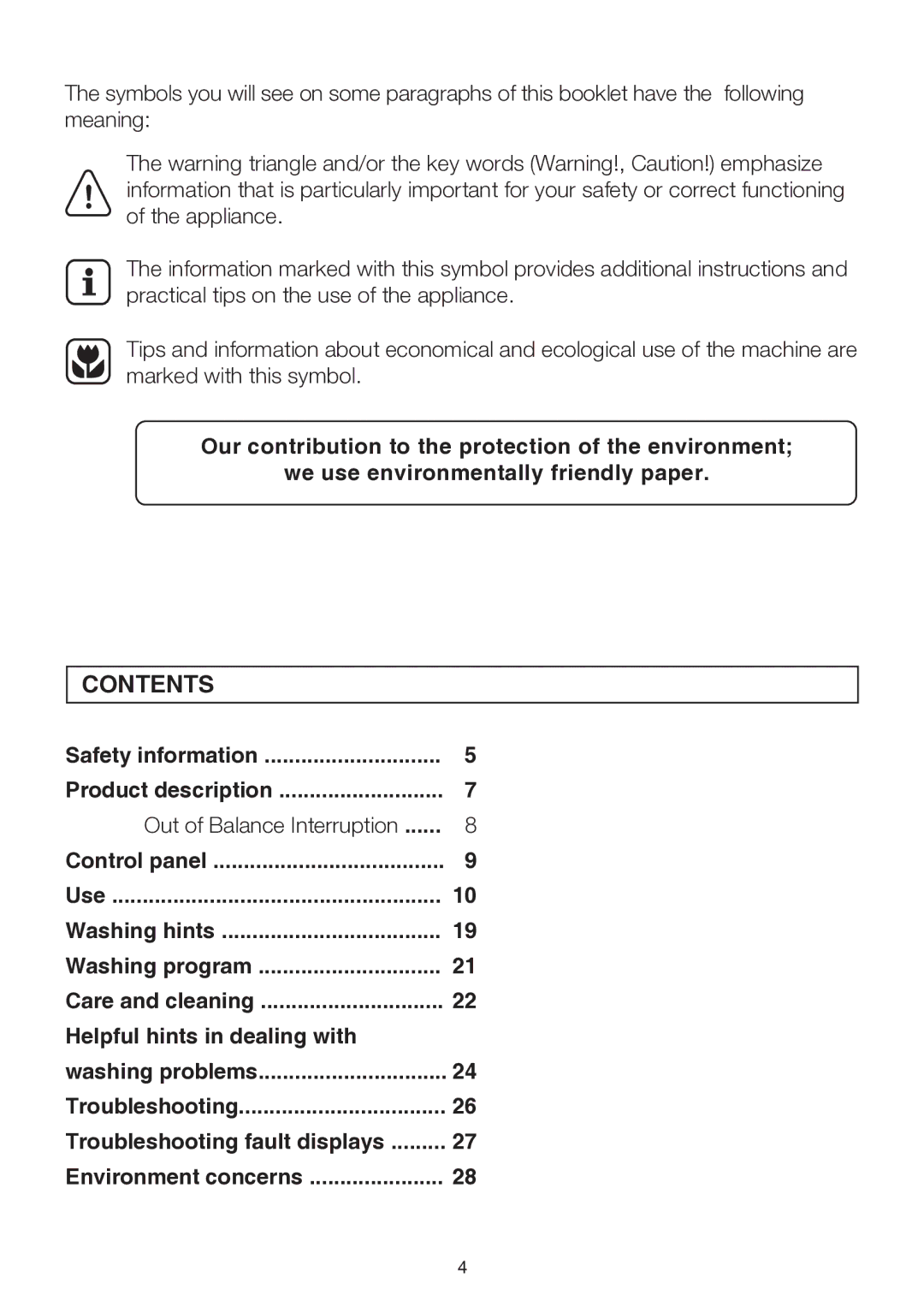 Electrolux EWT113, EWT904, EWT704 user manual Contents 