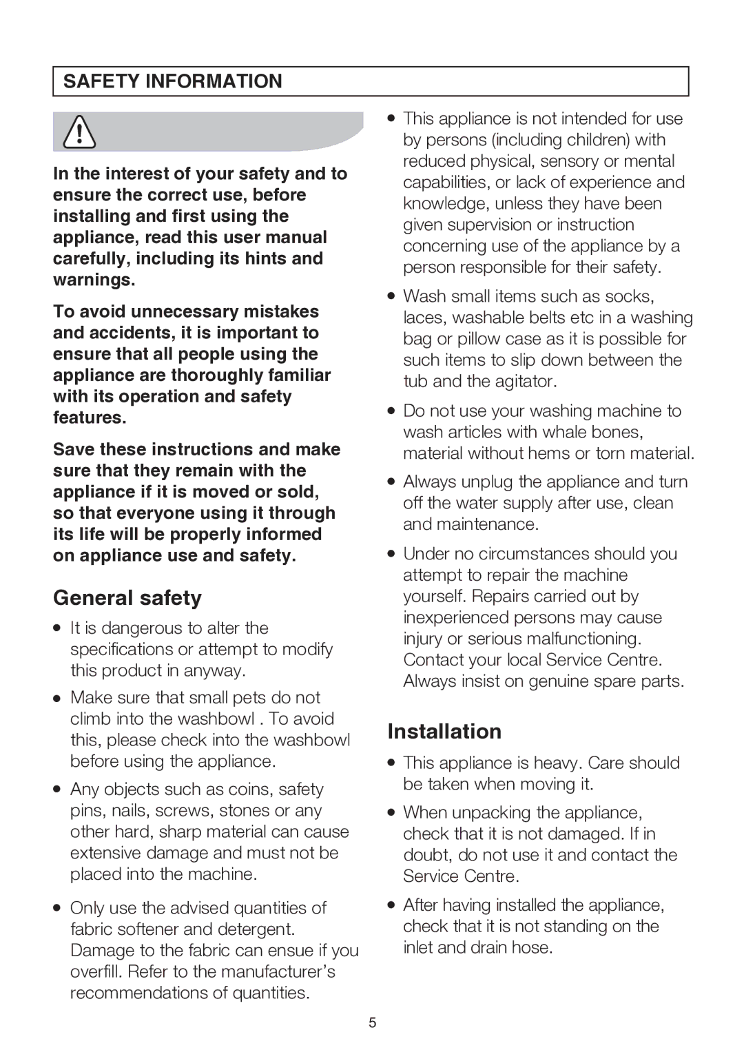 Electrolux EWT704, EWT904, EWT113 user manual General safety, Installation, Safety Information 