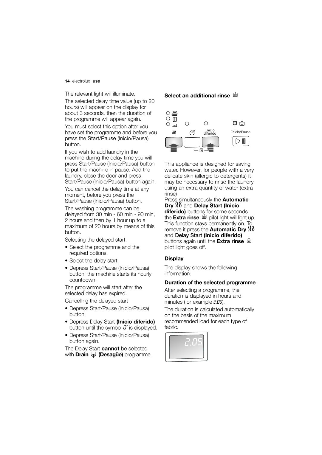 Electrolux EWW 12480 W user manual Select an additional rinse, Duration of the selected programme 