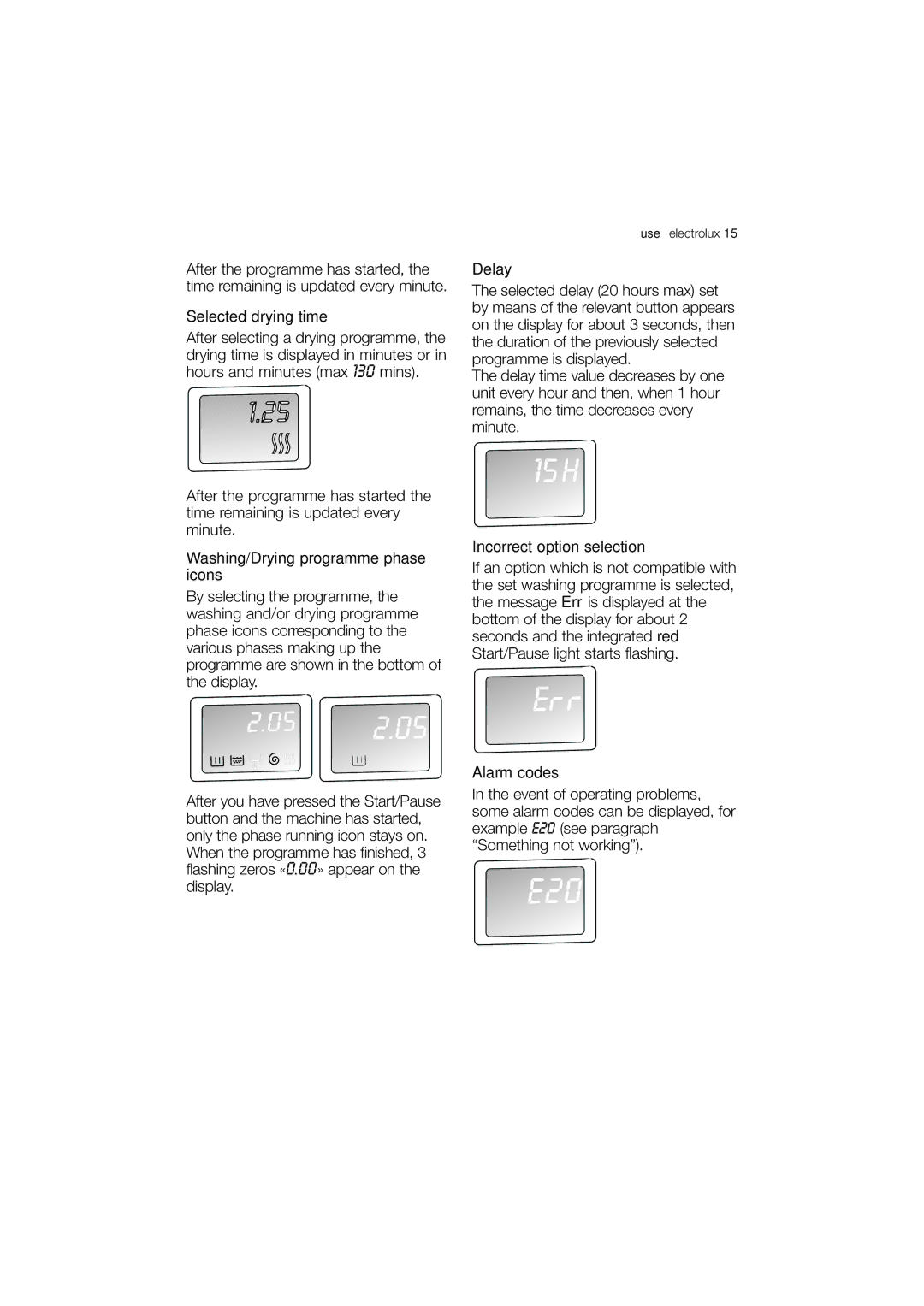 Electrolux EWW 12480 W Selected drying time, Washing/Drying programme phase icons, Delay, Incorrect option selection 