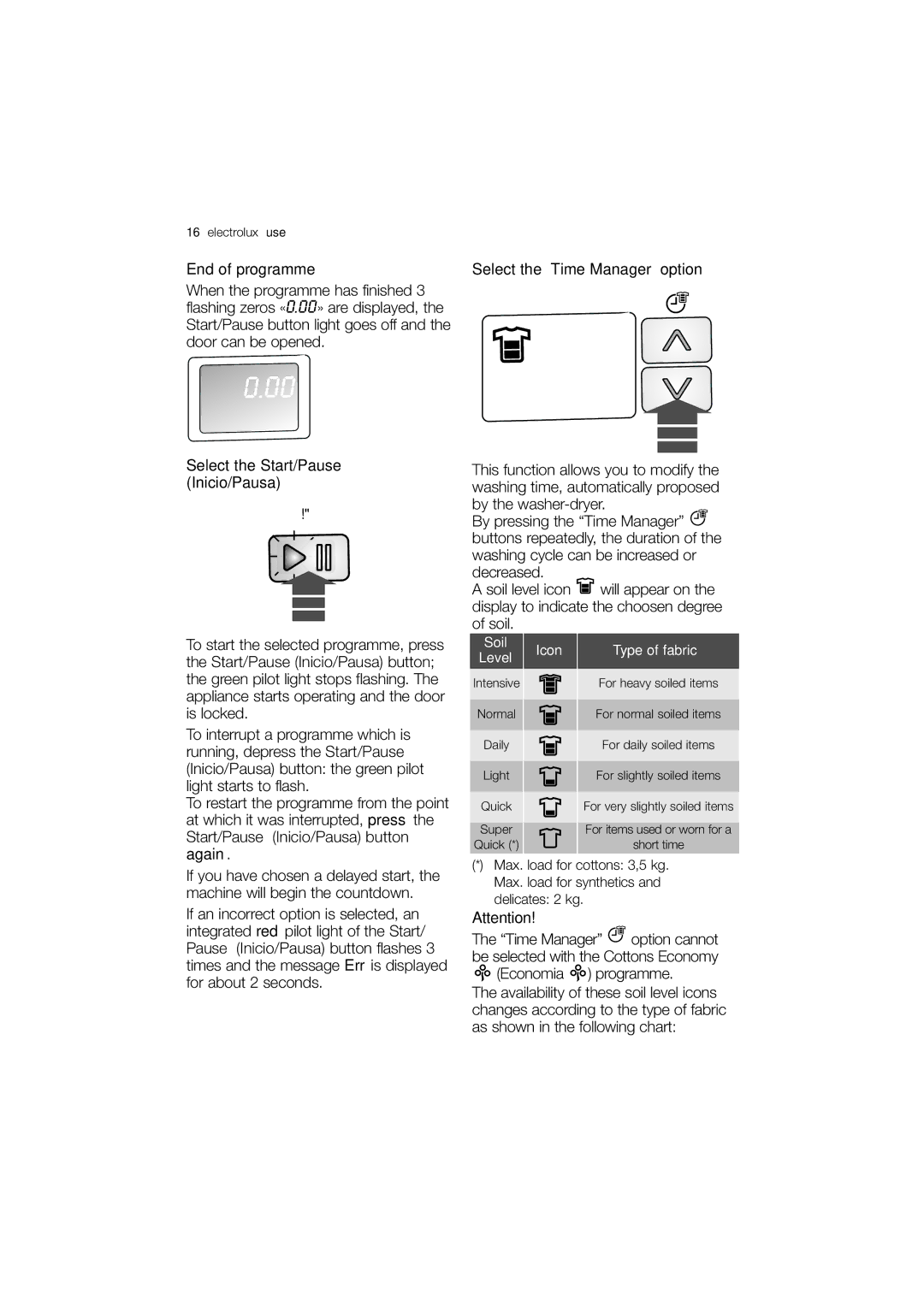 Electrolux EWW 12480 W user manual End of programme, Select the Start/Pause Inicio/Pausa, Select the Time Manager option 