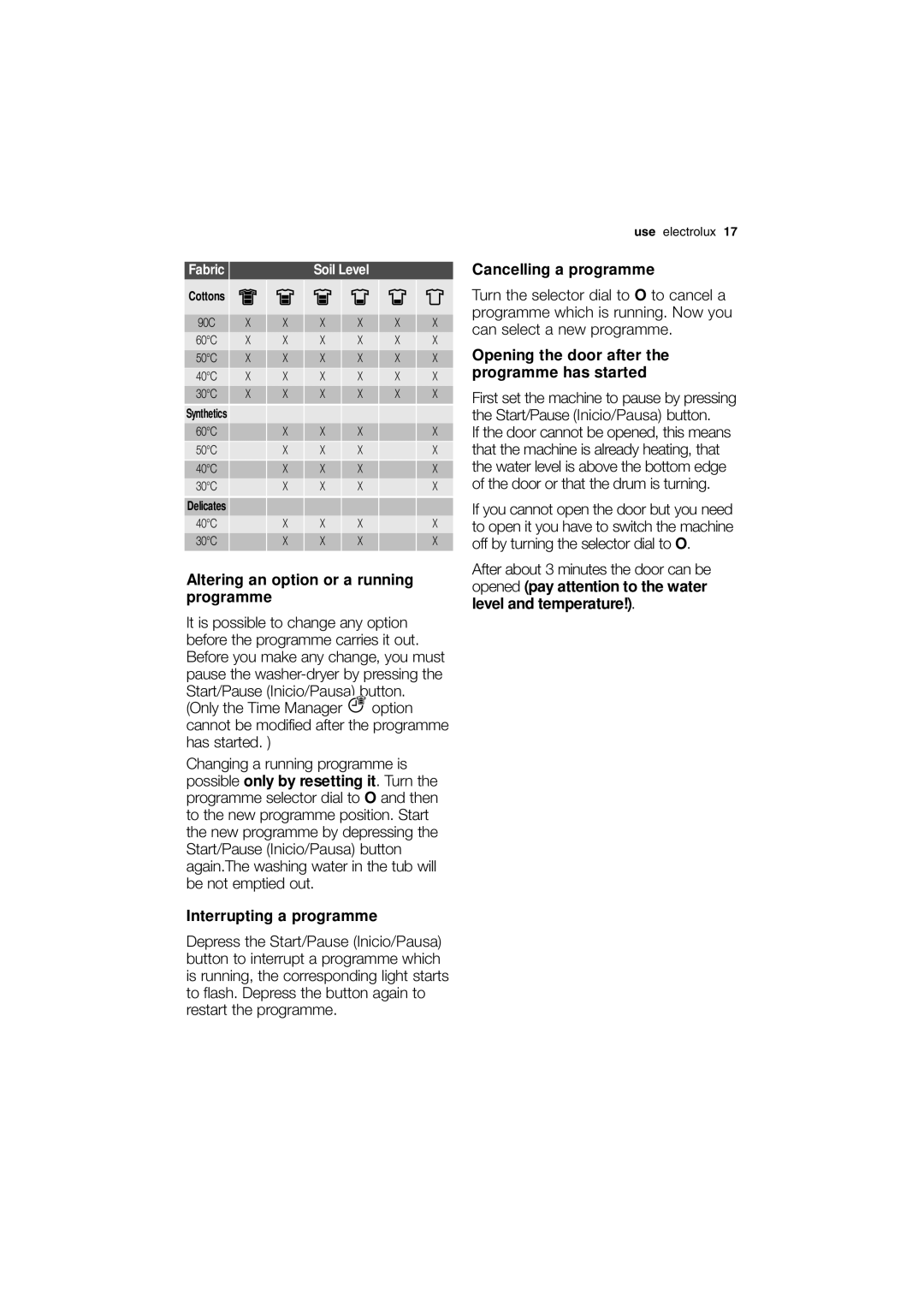 Electrolux EWW 12480 W Altering an option or a running programme, Interrupting a programme, Cancelling a programme 