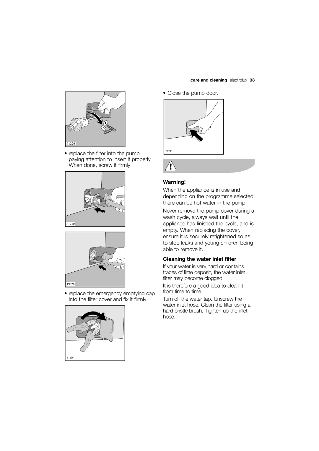 Electrolux EWW 12480 W user manual Cleaning the water inlet filter 