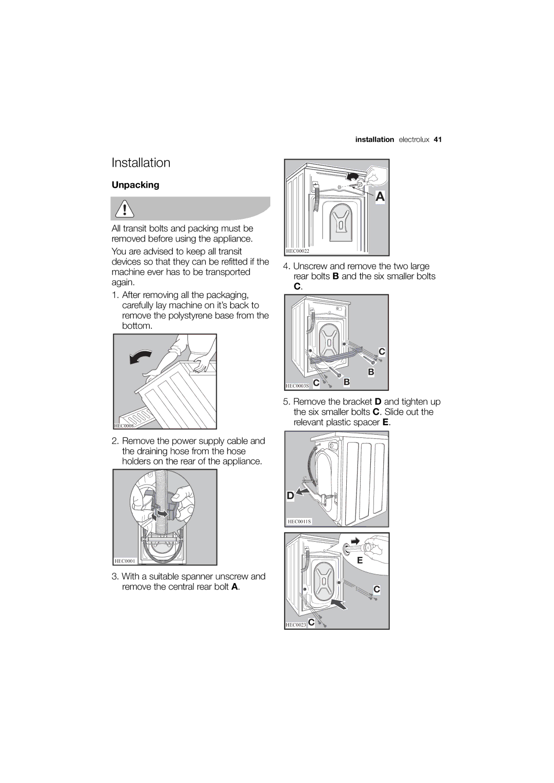 Electrolux EWW 12480 W user manual Unpacking, Installation Electrolux 