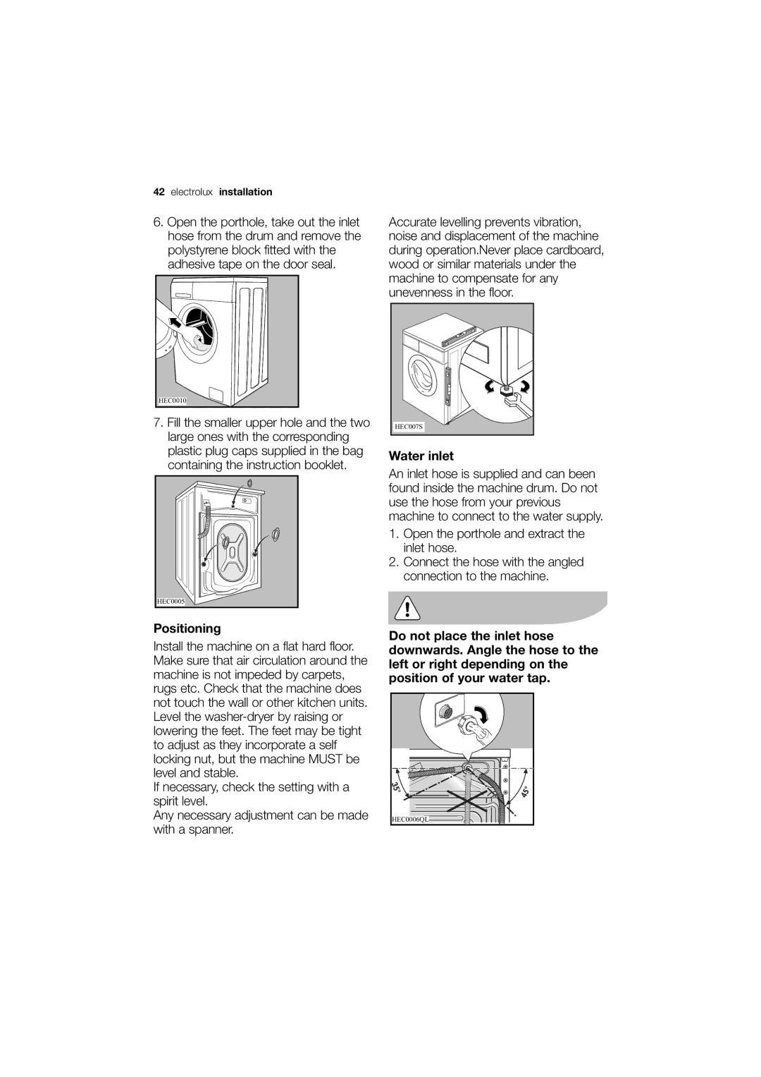 Electrolux EWW 12480 W user manual Positioning, Water inlet, Electrolux installation 