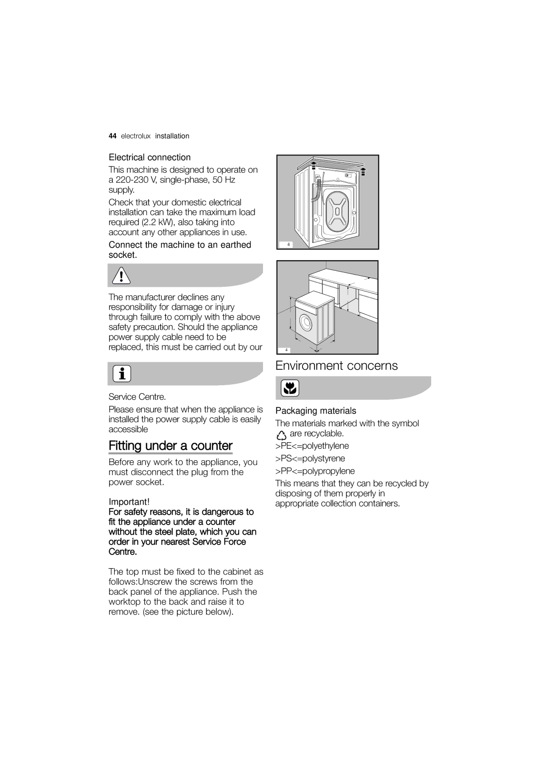 Electrolux EWW 12480 W Fitting under a counter, Environment concerns, Electrical connection, Packaging materials 