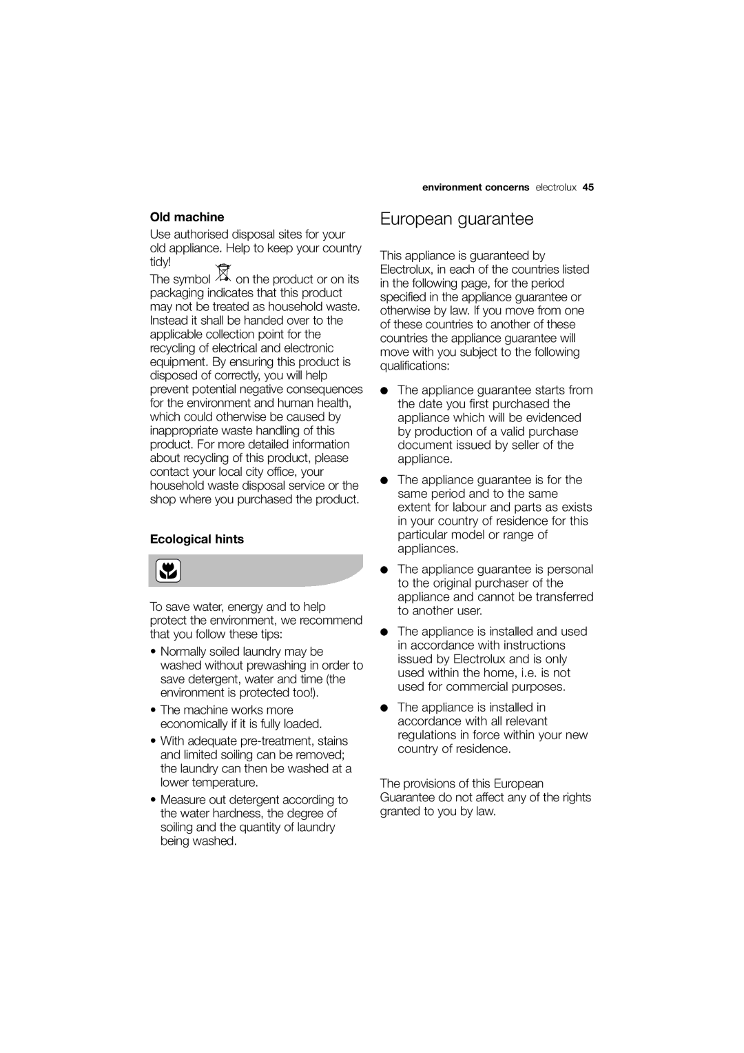 Electrolux EWW 12480 W user manual European guarantee, Old machine, Ecological hints, Environment concerns electrolux 