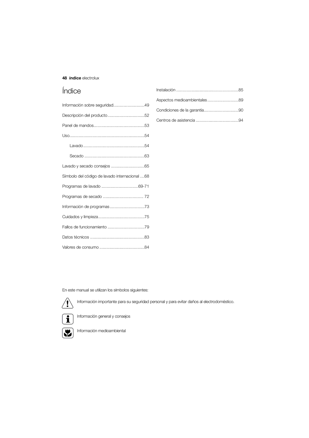 Electrolux EWW 12480 W user manual Índice, 48 índice electrolux 