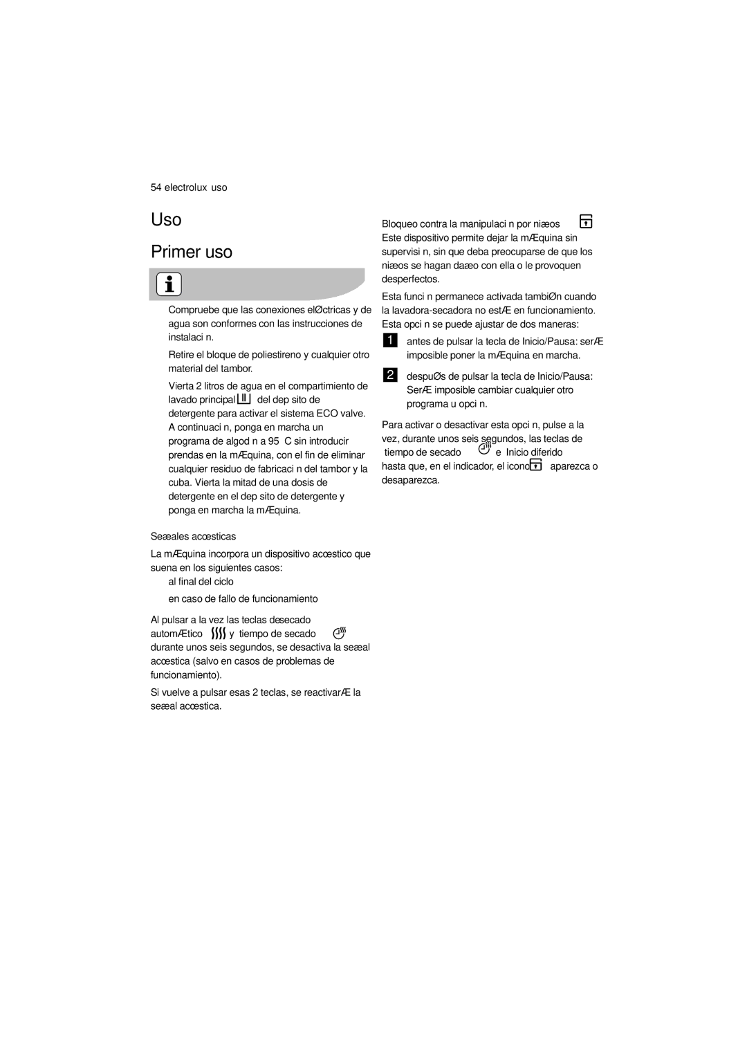 Electrolux EWW 12480 W user manual Uso Primer uso, Señales acústicas, Bloqueo contra la manipulación por niños 